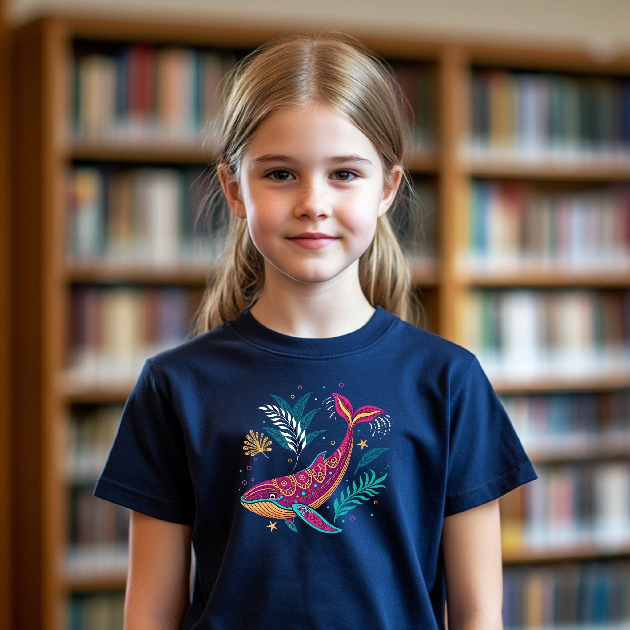 Colorful Whale Design T-Shirt, Kids Ocean Graphic Tee, Youth Short Sleeve Shirt, Fun Marine Life Art, Boys Girls Summer Top - Craig Michael Design