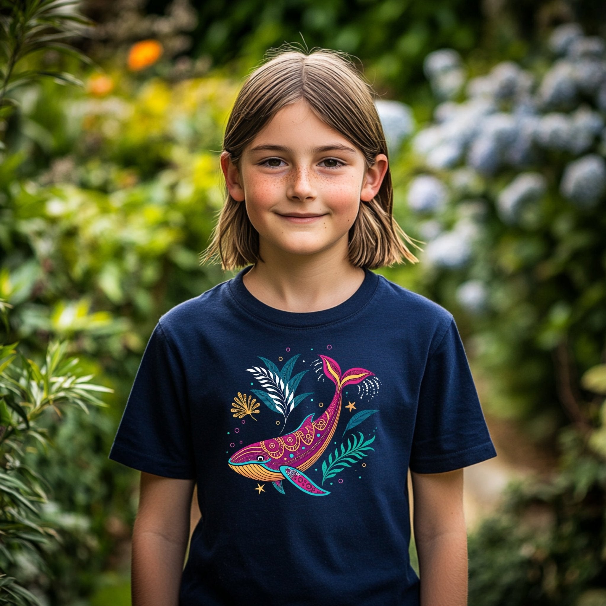 Colorful Whale Design T-Shirt, Kids Ocean Graphic Tee, Youth Short Sleeve Shirt, Fun Marine Life Art, Boys Girls Summer Top - Craig Michael Design