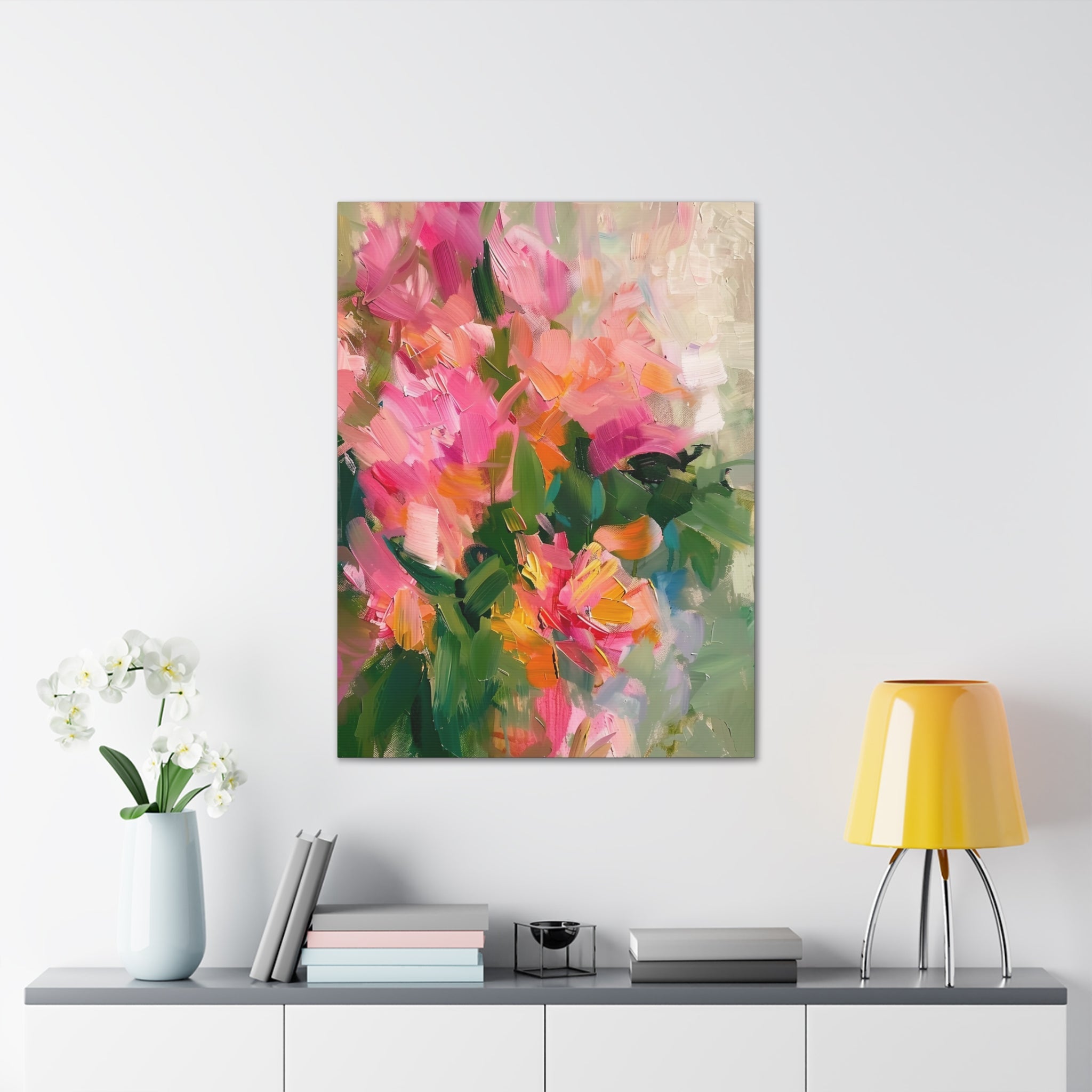 Colourful Abstract Floral Art Print, Vibrant Pink and Green Blossoms Canvas Wall Decor, Impressionist Flower Painting - Craig Michael Design