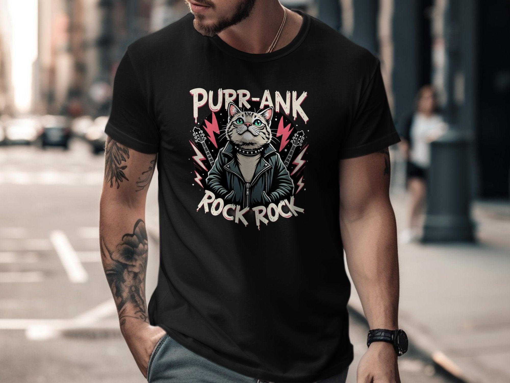 Cool Cat TShirt Punk Rock Cat Graphic Tee Funny Cat Shirt Rock and Roll Cat Lover Gift Kitty in Leather Jacket Tee - Craig Michael Design