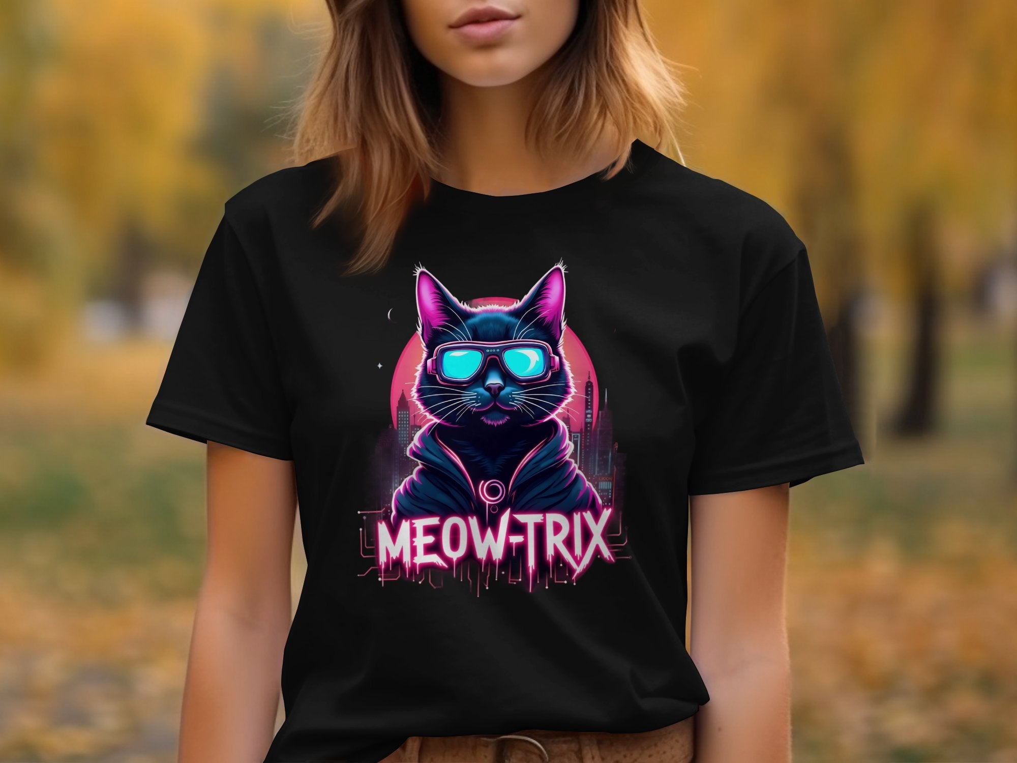 Cool Cat with Sunglasses Graphic Tee, Retro Neon Cat T-Shirt, Fun Cat Lover Gift, Meow Trix Cat Shirt, Cat Themed Apparel - Craig Michael Design