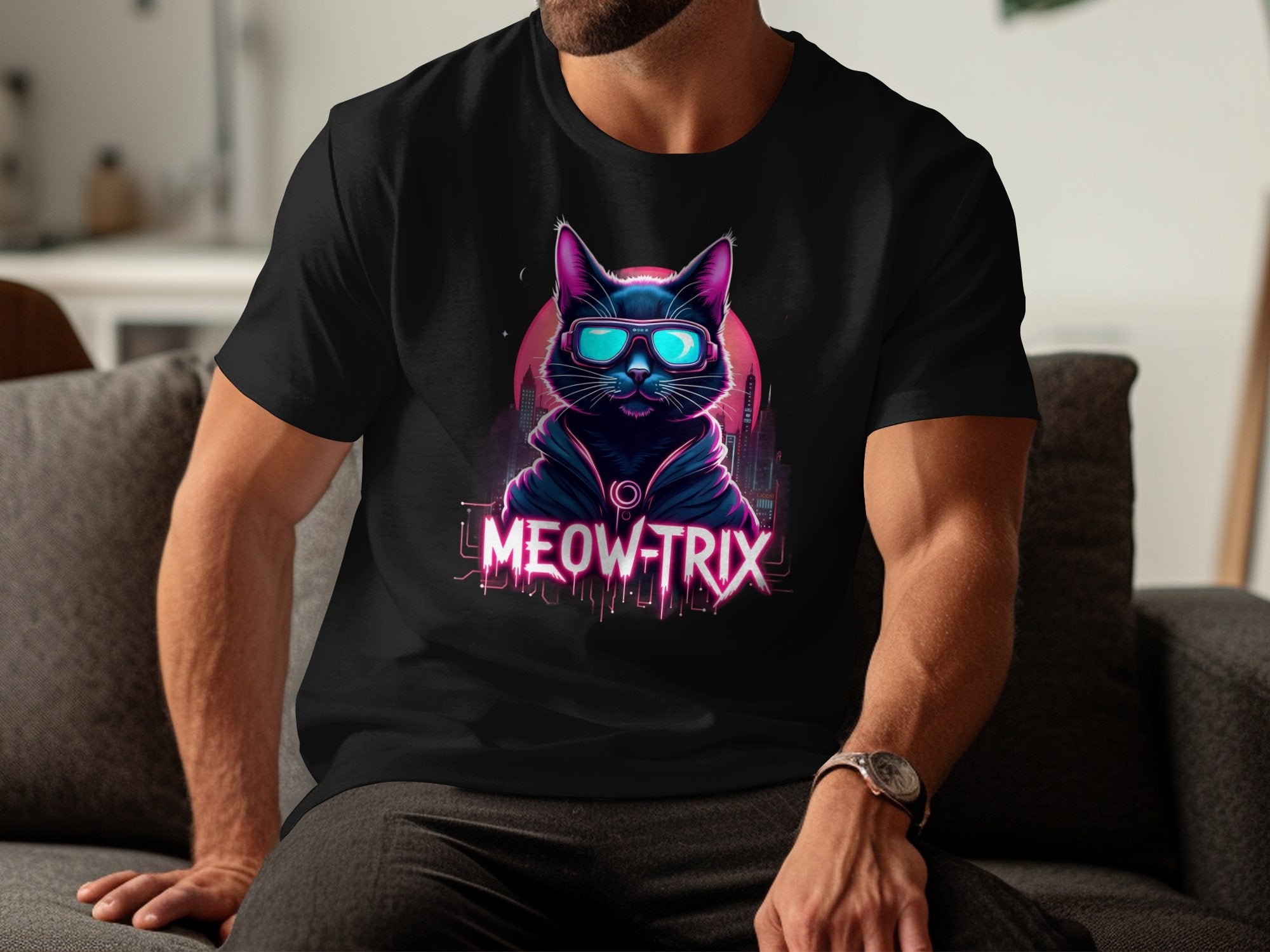 Cool Cat with Sunglasses Graphic Tee, Retro Neon Cat T-Shirt, Fun Cat Lover Gift, Meow Trix Cat Shirt, Cat Themed Apparel - Craig Michael Design