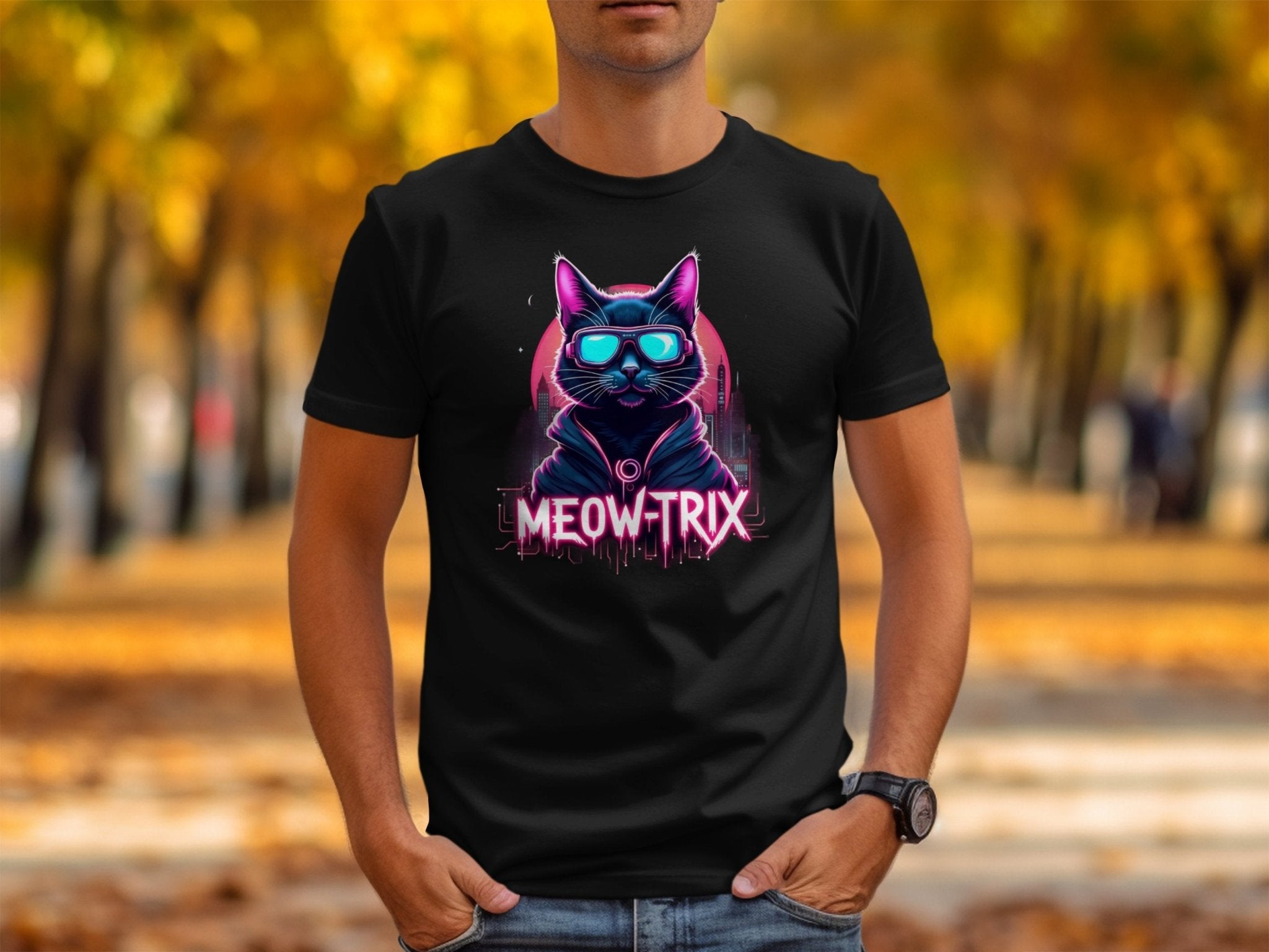 Cool Cat with Sunglasses Graphic Tee, Retro Neon Cat T-Shirt, Fun Cat Lover Gift, Meow Trix Cat Shirt, Cat Themed Apparel - Craig Michael Design