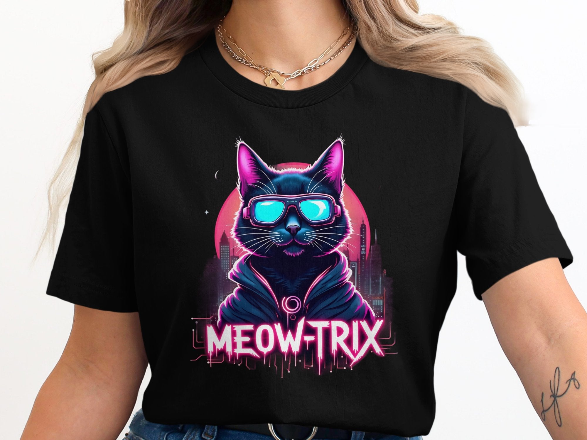 Cool Cat with Sunglasses Graphic Tee, Retro Neon Cat T-Shirt, Fun Cat Lover Gift, Meow Trix Cat Shirt, Cat Themed Apparel - Craig Michael Design