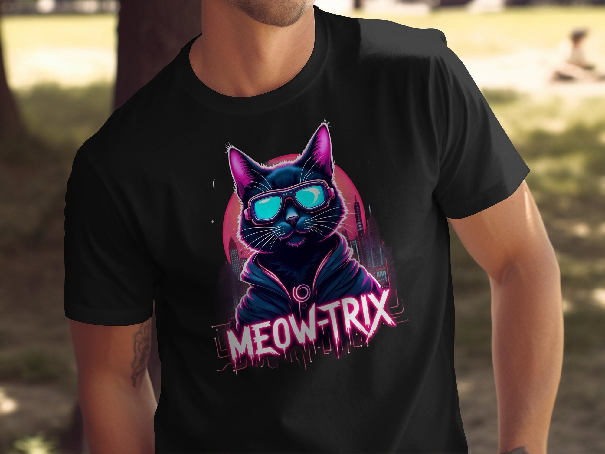 Cool Cat with Sunglasses Graphic Tee, Retro Neon Cat T-Shirt, Fun Cat Lover Gift, Meow Trix Cat Shirt, Cat Themed Apparel - Craig Michael Design