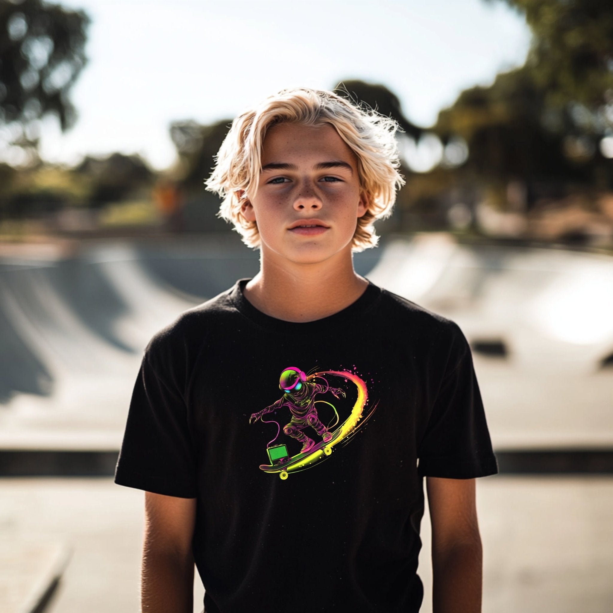 Cool Skater Astronaut T-Shirt, Colorful Space Skating Design, Unique Youth Short Sleeve Tee, Fun and Trendy Kids Shirt, Gift for Children - Craig Michael Design