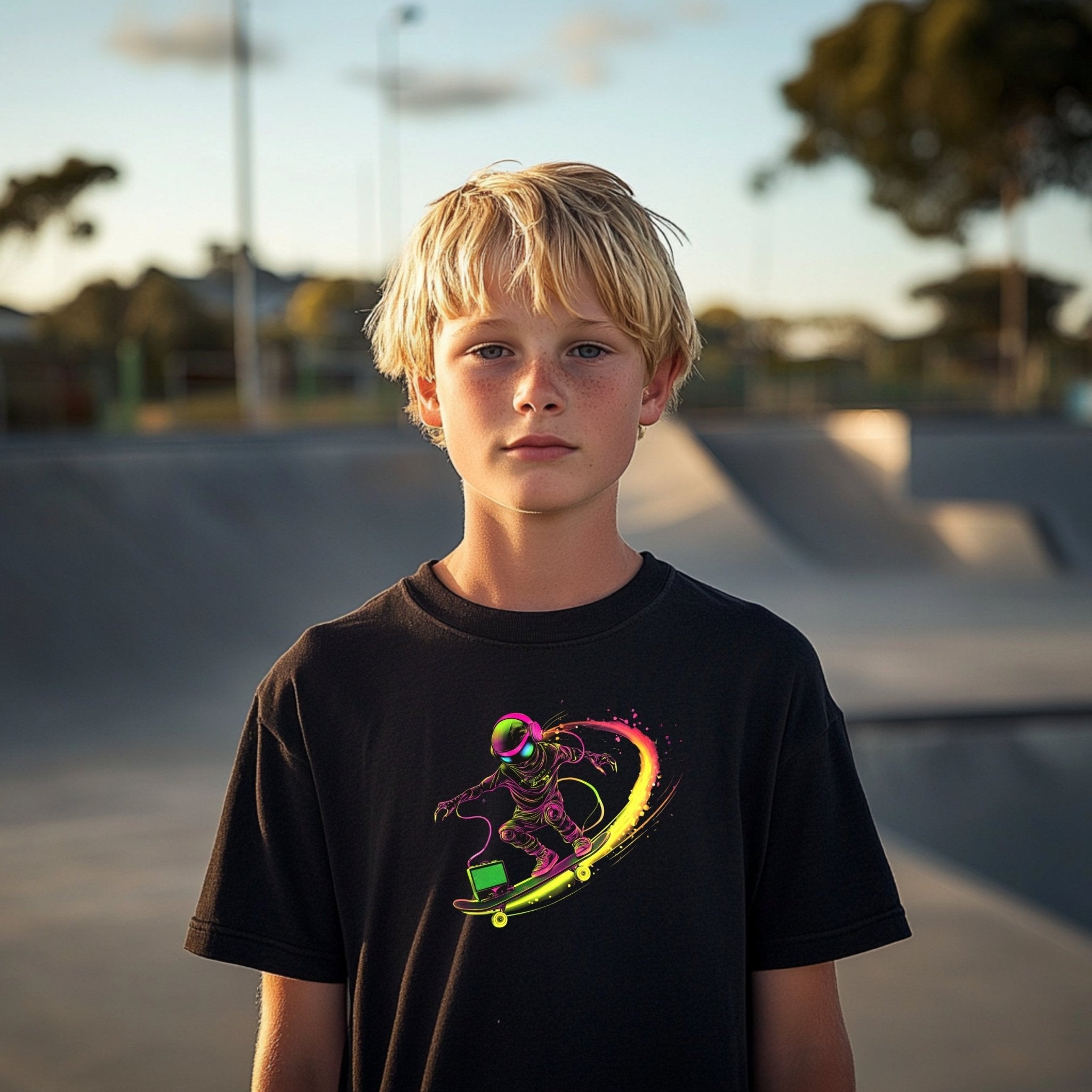 Cool Skater Astronaut T-Shirt, Colorful Space Skating Design, Unique Youth Short Sleeve Tee, Fun and Trendy Kids Shirt, Gift for Children - Craig Michael Design