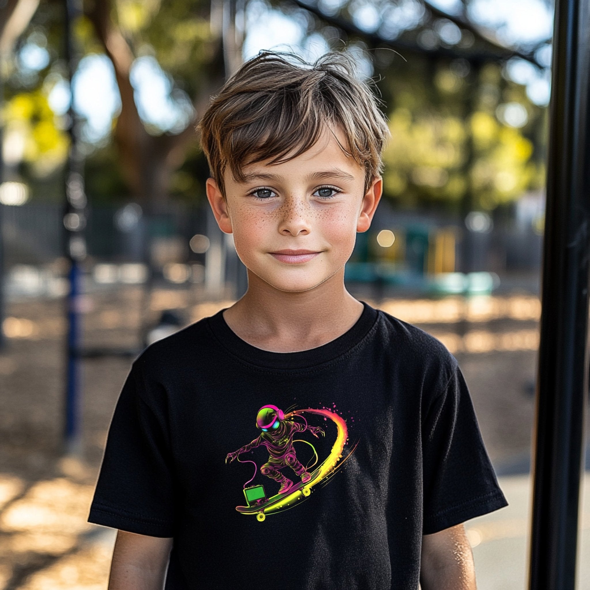 Cool Skater Astronaut T-Shirt, Colorful Space Skating Design, Unique Youth Short Sleeve Tee, Fun and Trendy Kids Shirt, Gift for Children - Craig Michael Design