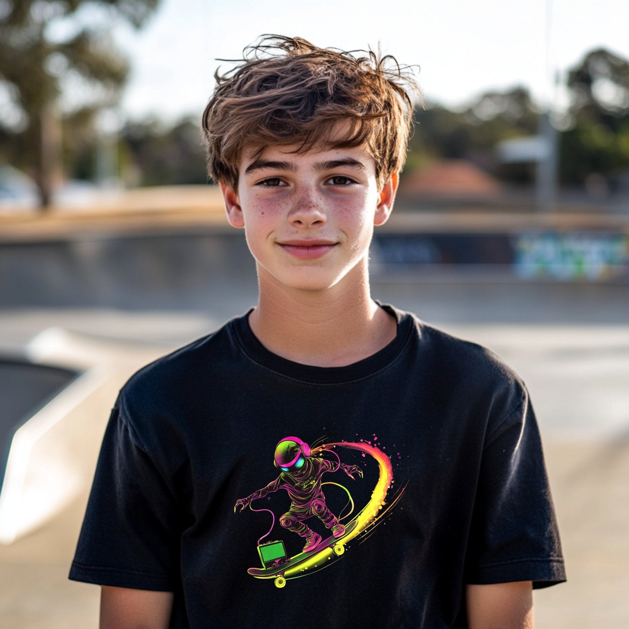 Cool Skater Astronaut T-Shirt, Colorful Space Skating Design, Unique Youth Short Sleeve Tee, Fun and Trendy Kids Shirt, Gift for Children - Craig Michael Design