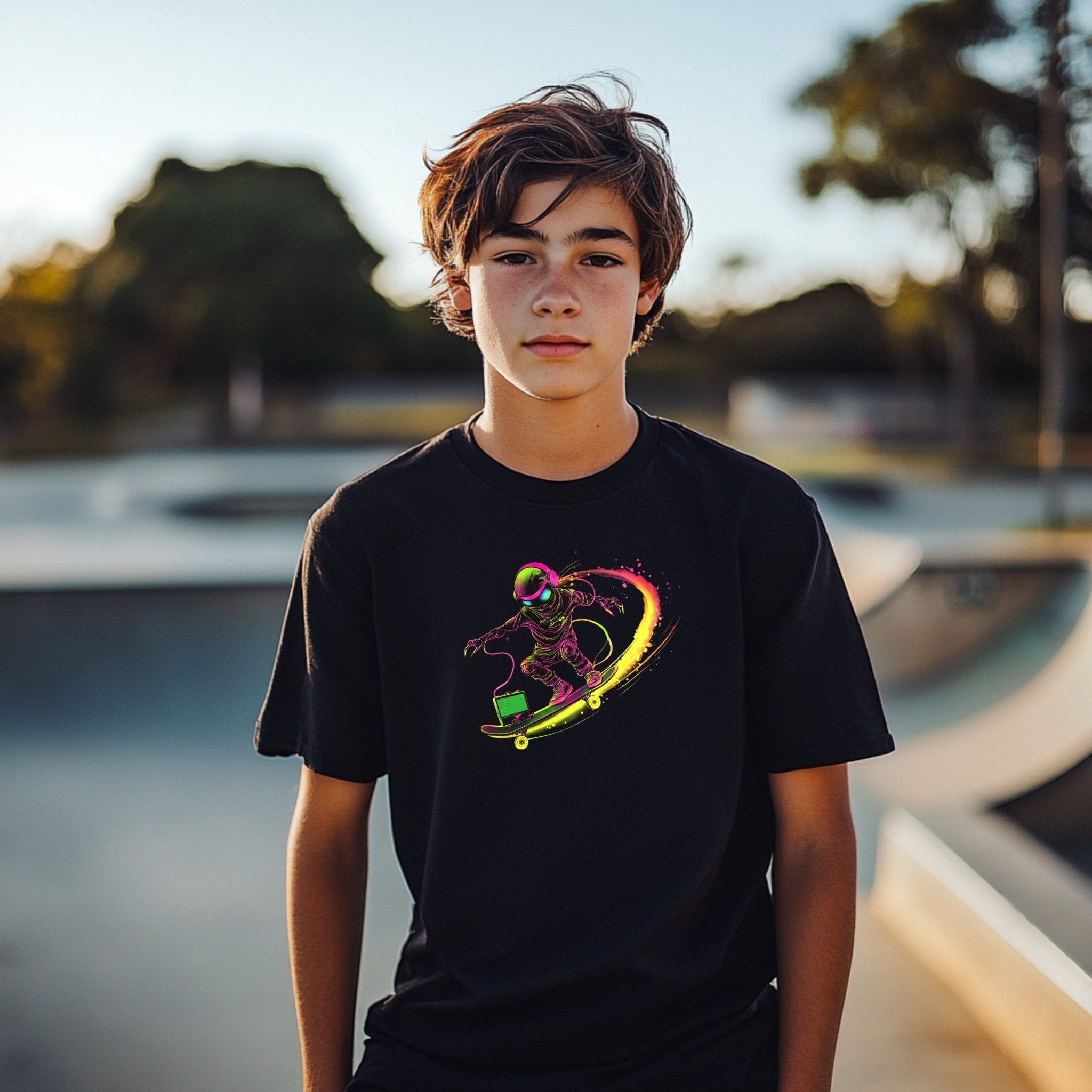Cool Skater Astronaut T-Shirt, Colorful Space Skating Design, Unique Youth Short Sleeve Tee, Fun and Trendy Kids Shirt, Gift for Children - Craig Michael Design