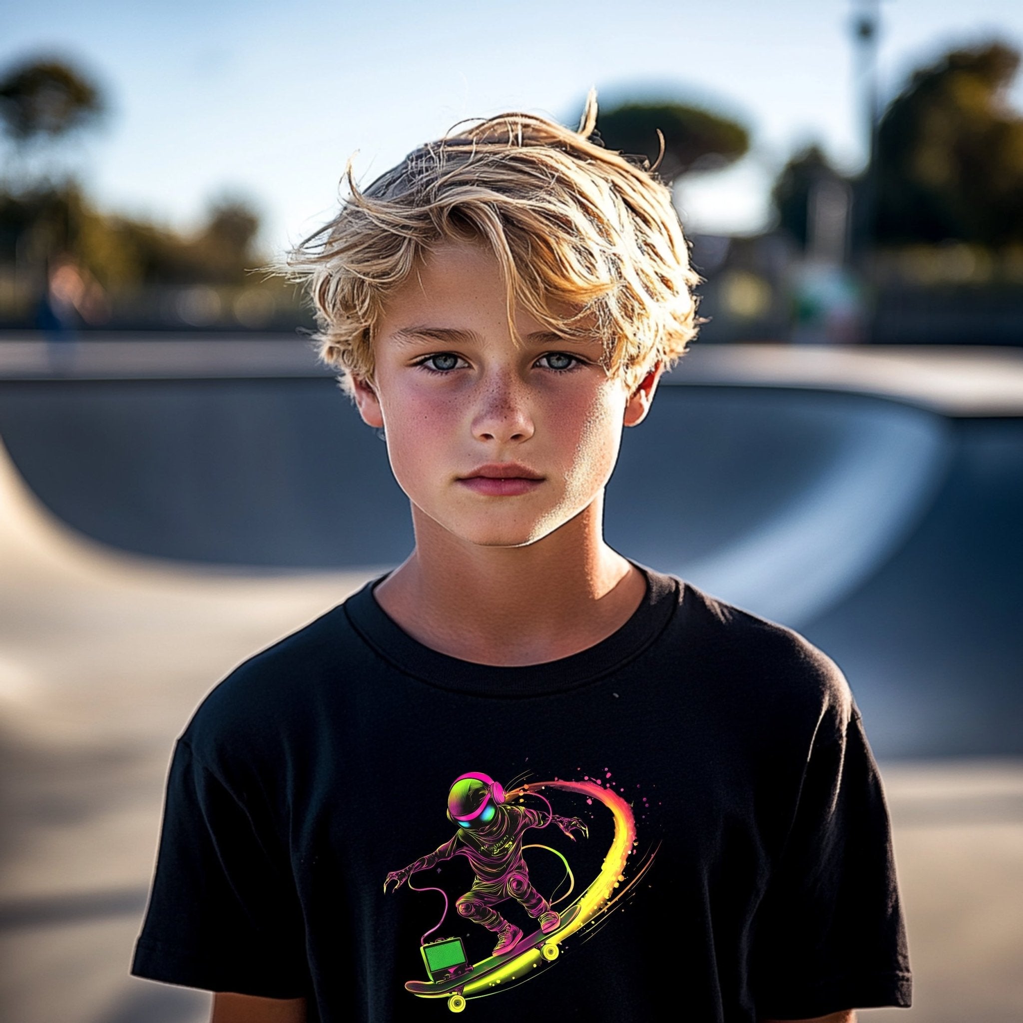 Cool Skater Astronaut T-Shirt, Colorful Space Skating Design, Unique Youth Short Sleeve Tee, Fun and Trendy Kids Shirt, Gift for Children - Craig Michael Design