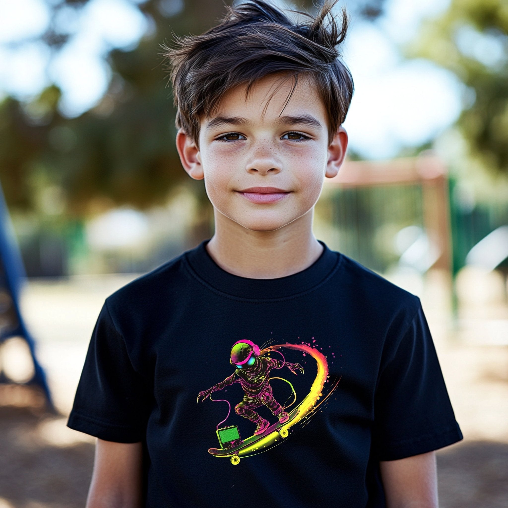 Cool Skater Astronaut T-Shirt, Colorful Space Skating Design, Unique Youth Short Sleeve Tee, Fun and Trendy Kids Shirt, Gift for Children - Craig Michael Design