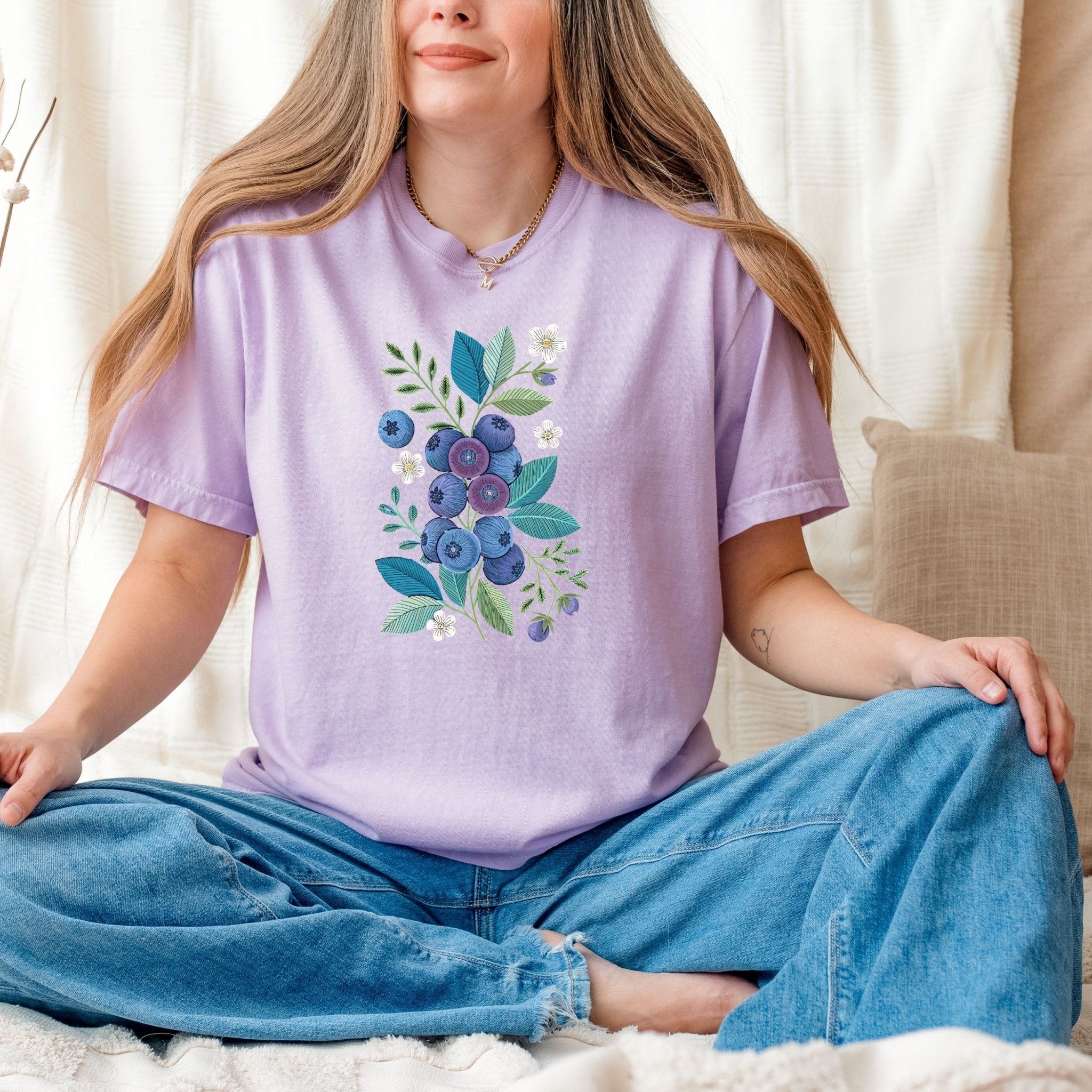 Cottagecore Blueberry Shirt, Embroidery Style Botanical Tee, Floral Fruit T-Shirt, Nature Gift for Her, Cute Garden Graphic Top - Craig Michael Design