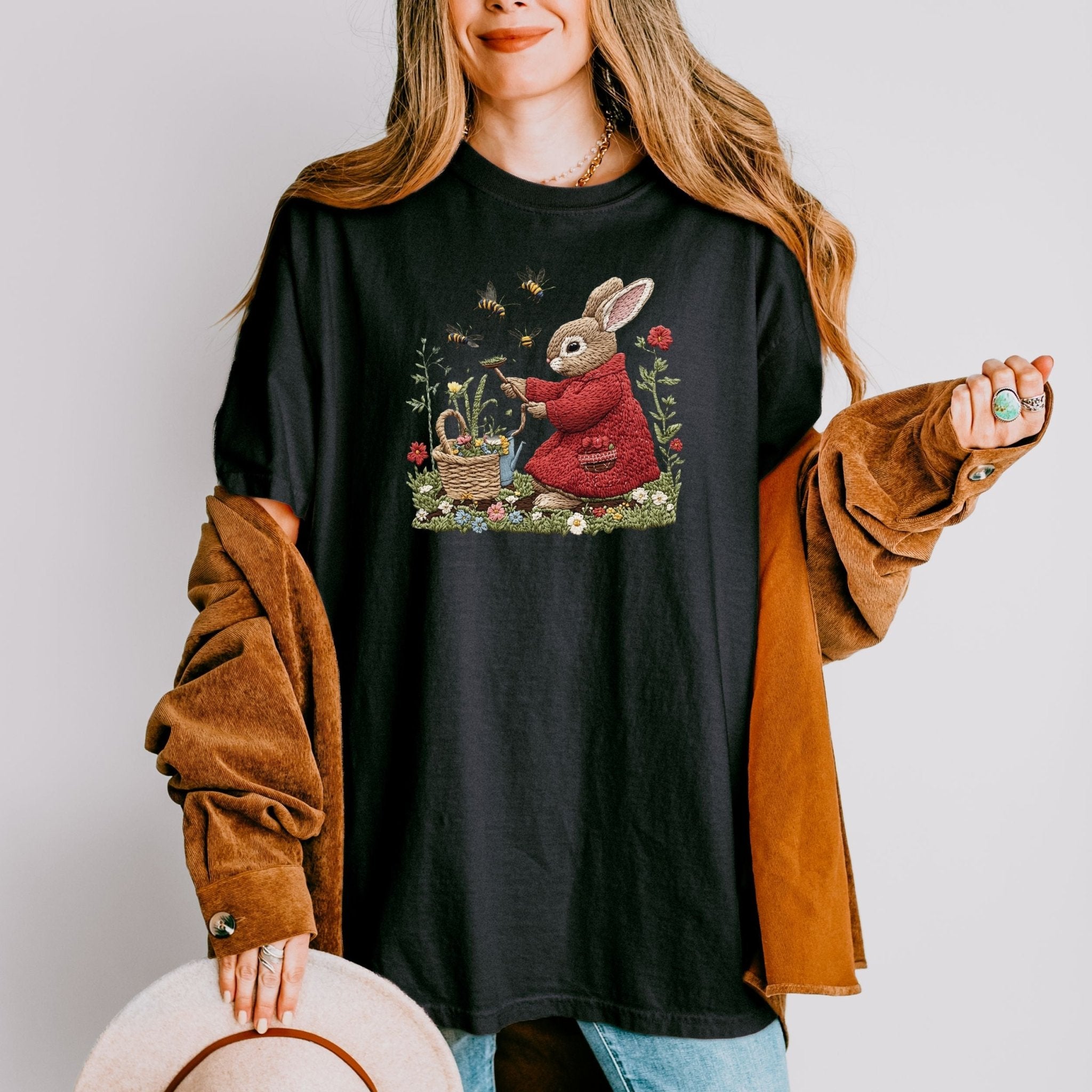 Cottagecore Bunny T-Shirt, Embroidered Rabbit Shirt, Garden Bee Tee, Cute Animal Top, Spring Apparel, Easter Gift, Whimsical Clothing - Craig Michael Design