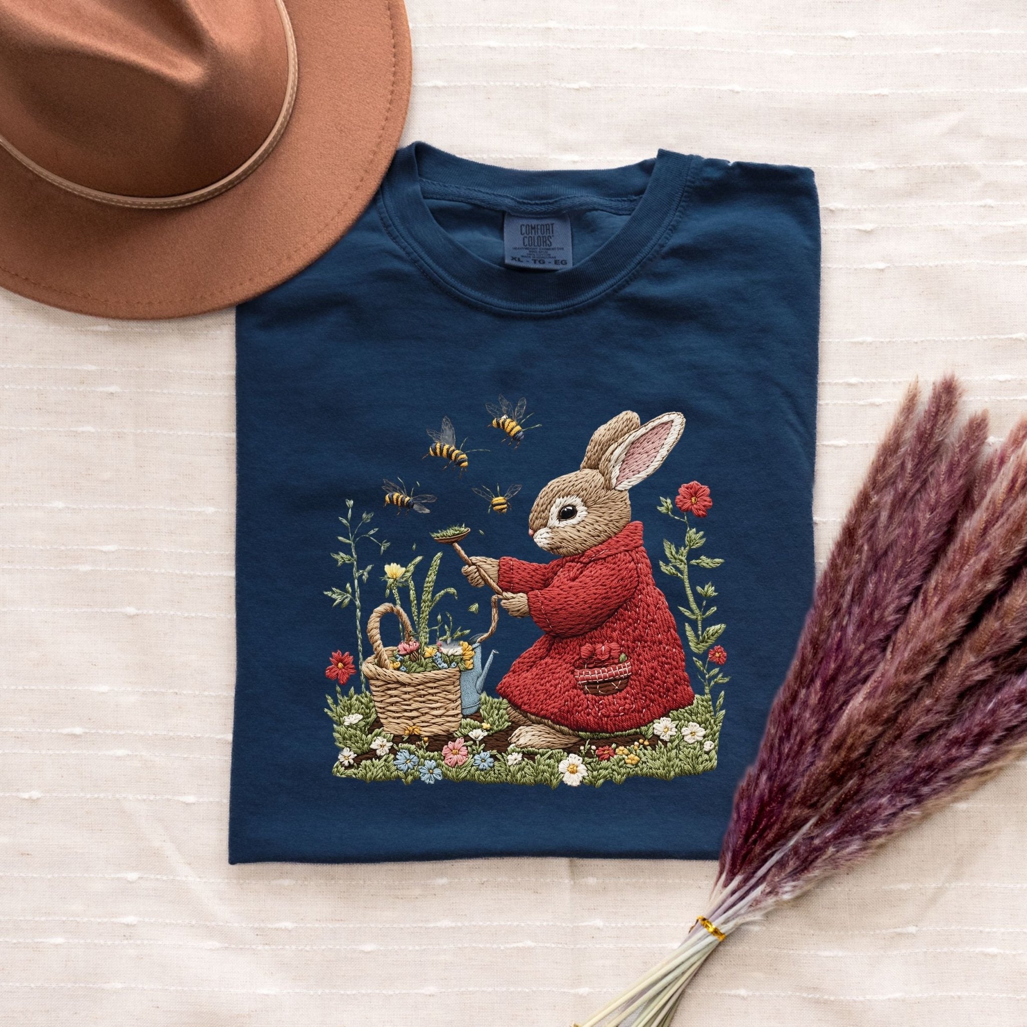 Cottagecore Bunny T-Shirt, Embroidered Rabbit Shirt, Garden Bee Tee, Cute Animal Top, Spring Apparel, Easter Gift, Whimsical Clothing - Craig Michael Design