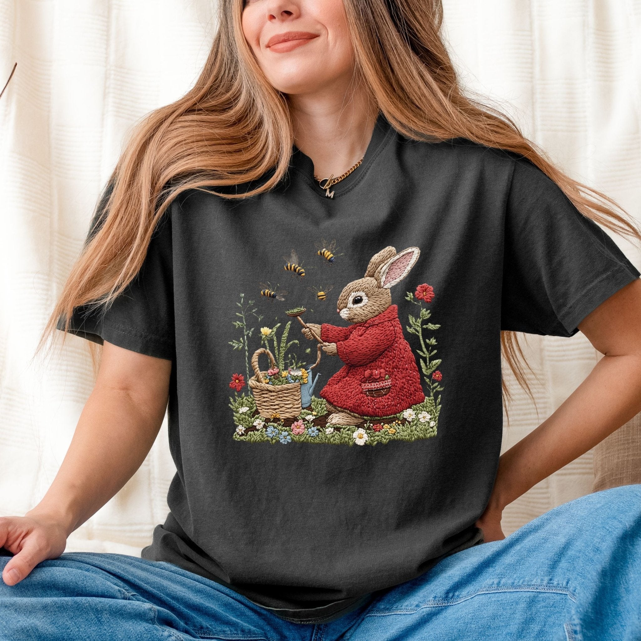 Cottagecore Bunny T-Shirt, Embroidered Rabbit Shirt, Garden Bee Tee, Cute Animal Top, Spring Apparel, Easter Gift, Whimsical Clothing - Craig Michael Design