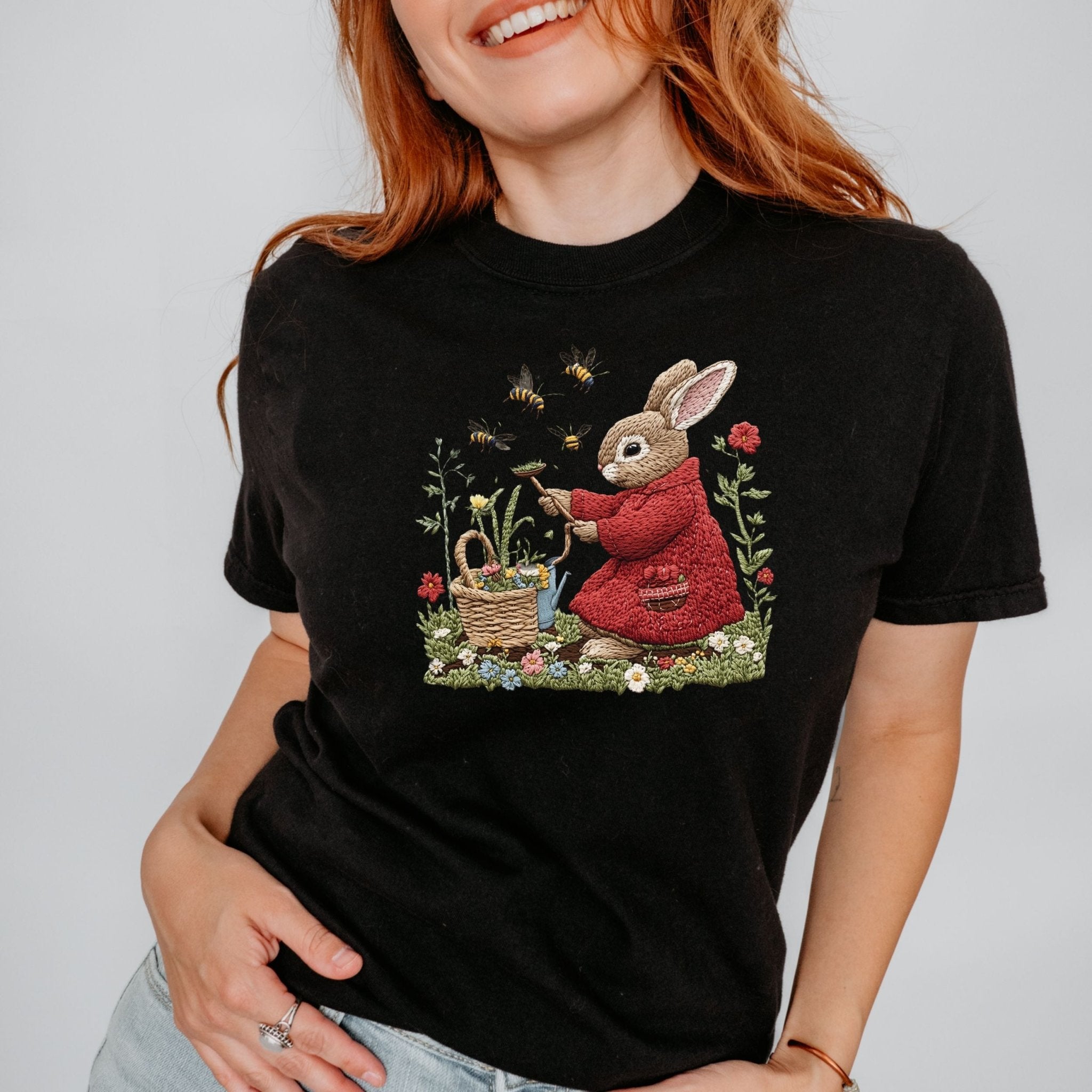 Cottagecore Bunny T-Shirt, Embroidered Rabbit Shirt, Garden Bee Tee, Cute Animal Top, Spring Apparel, Easter Gift, Whimsical Clothing - Craig Michael Design