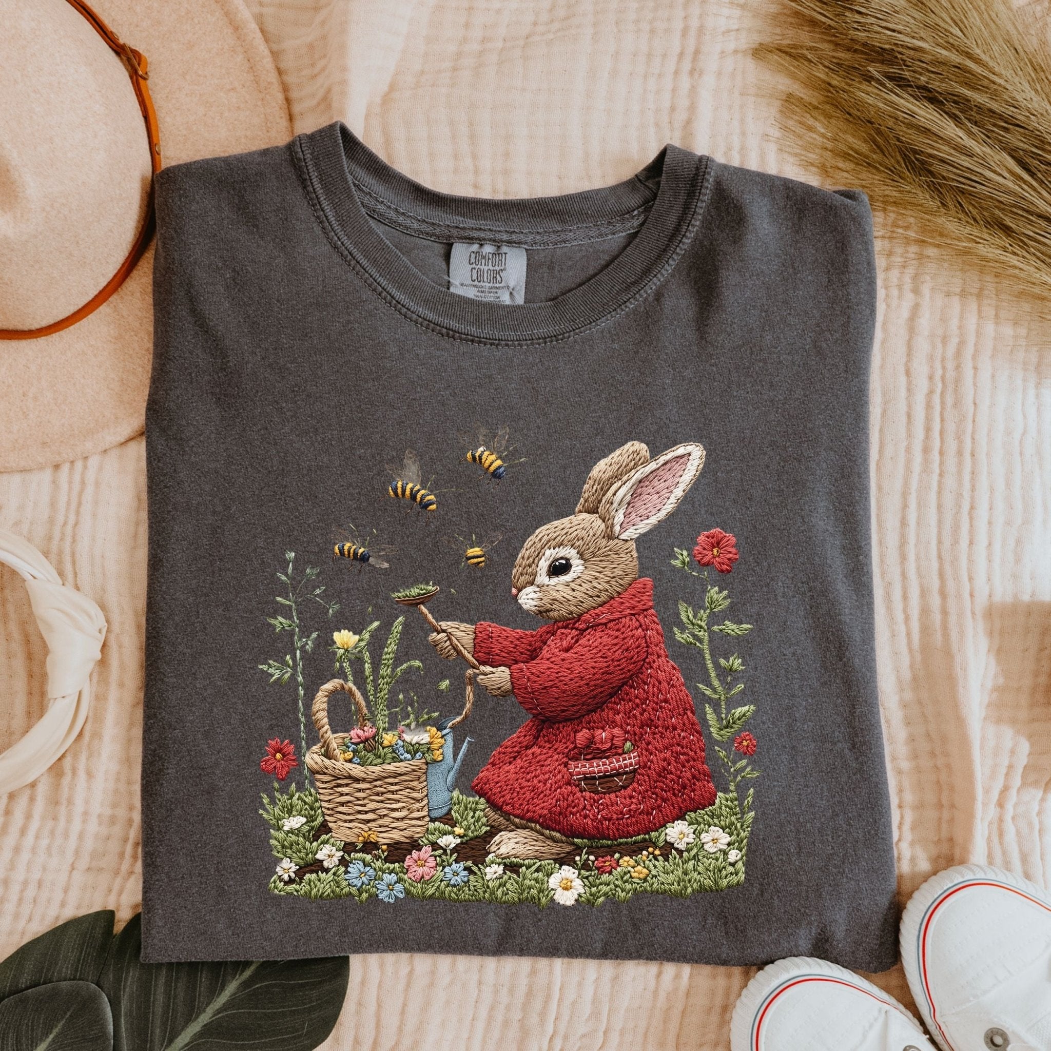 Cottagecore Bunny T-Shirt, Embroidered Rabbit Shirt, Garden Bee Tee, Cute Animal Top, Spring Apparel, Easter Gift, Whimsical Clothing - Craig Michael Design