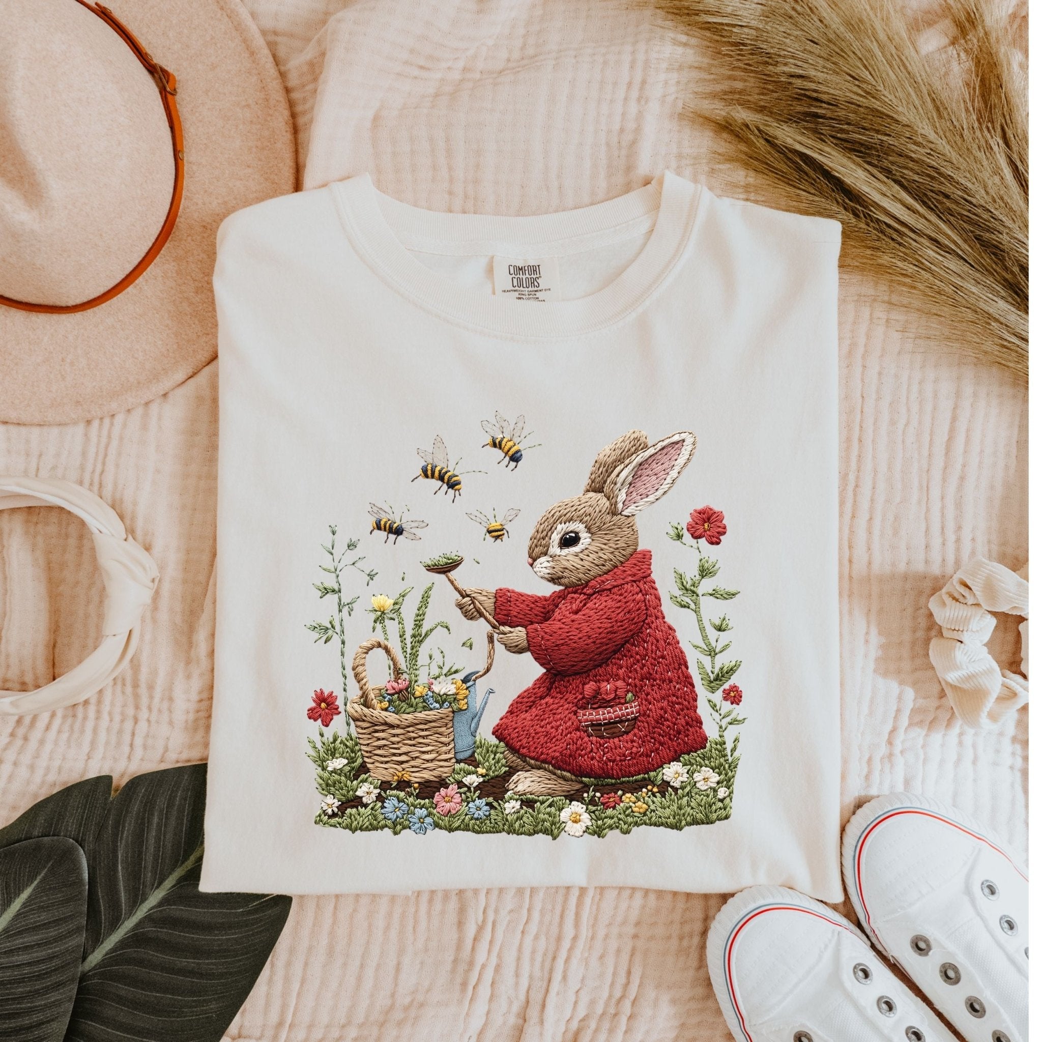 Cottagecore Bunny T-Shirt, Embroidered Rabbit Shirt, Garden Bee Tee, Cute Animal Top, Spring Apparel, Easter Gift, Whimsical Clothing - Craig Michael Design