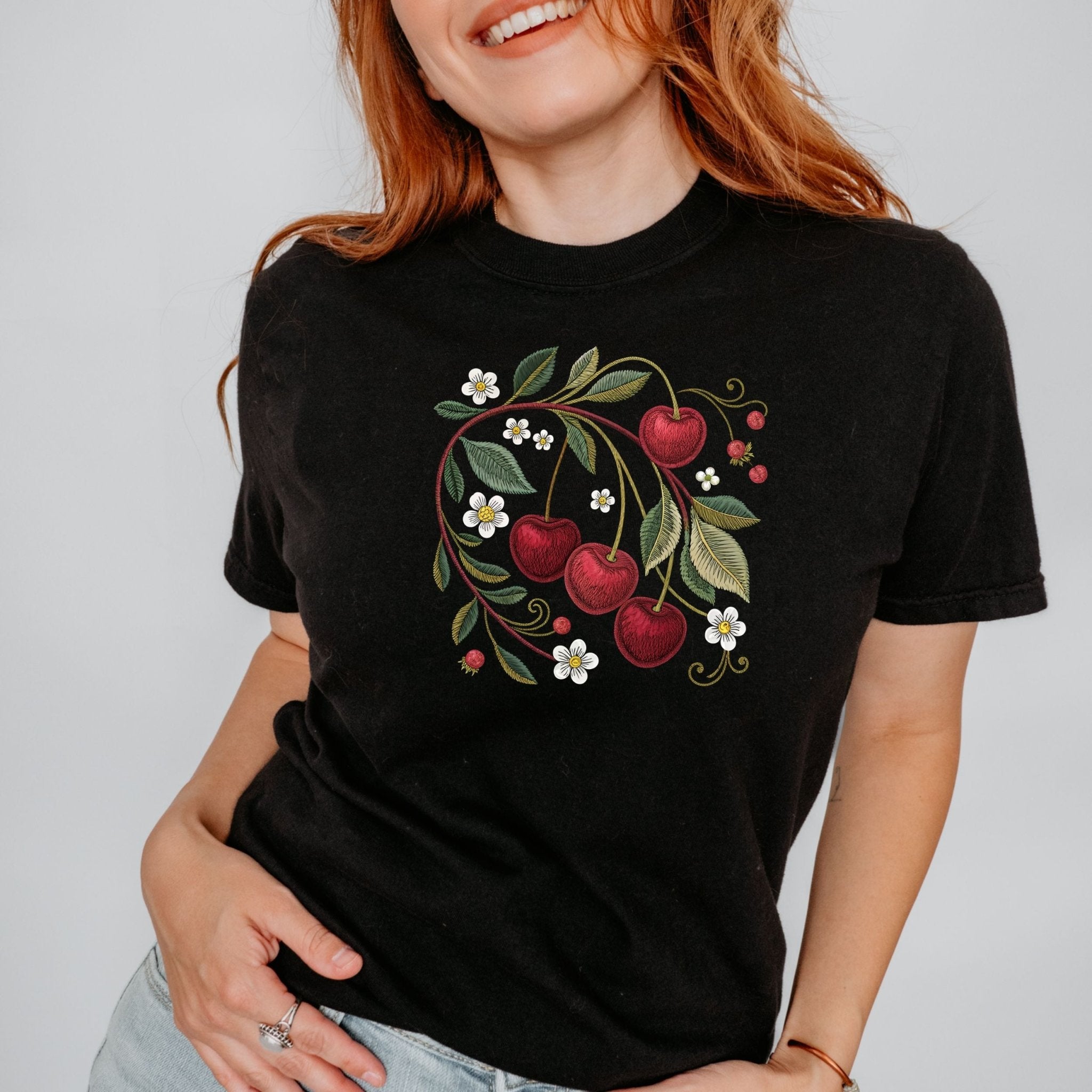 Cottagecore Cherry Blossom Shirt, Embroidery Style Fruit T-Shirt, Sweet Cherry Floral Tee, Spring Nature Gift for Her, Comfort Colors - Craig Michael Design