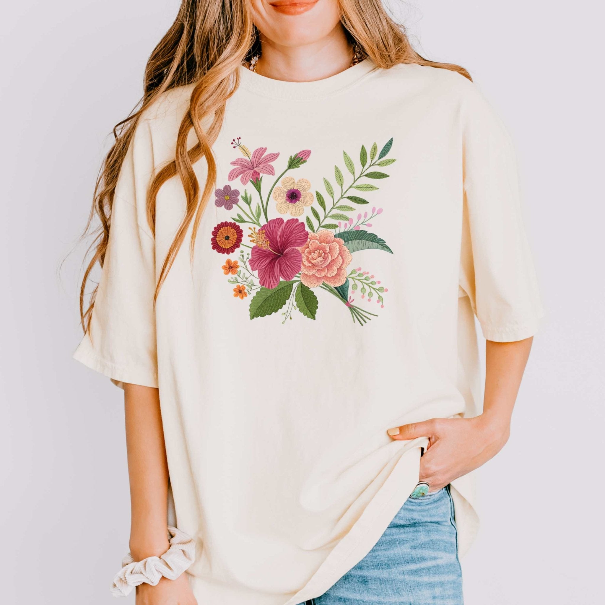 Cottagecore Floral Bouquet T-Shirt, Embroidery Style Flower Design - Craig Michael Design