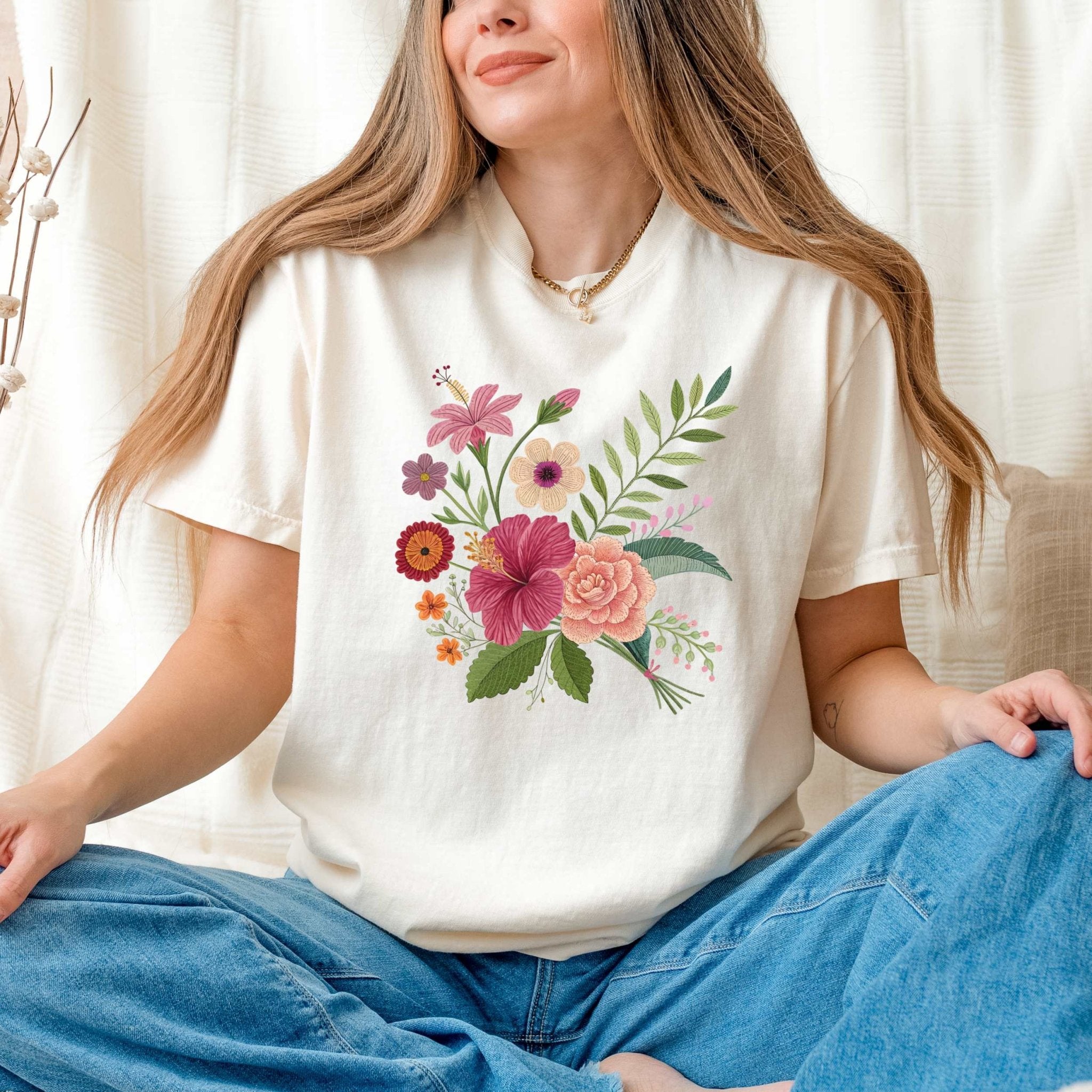Cottagecore Floral Bouquet T-Shirt, Embroidery Style Flower Design - Craig Michael Design