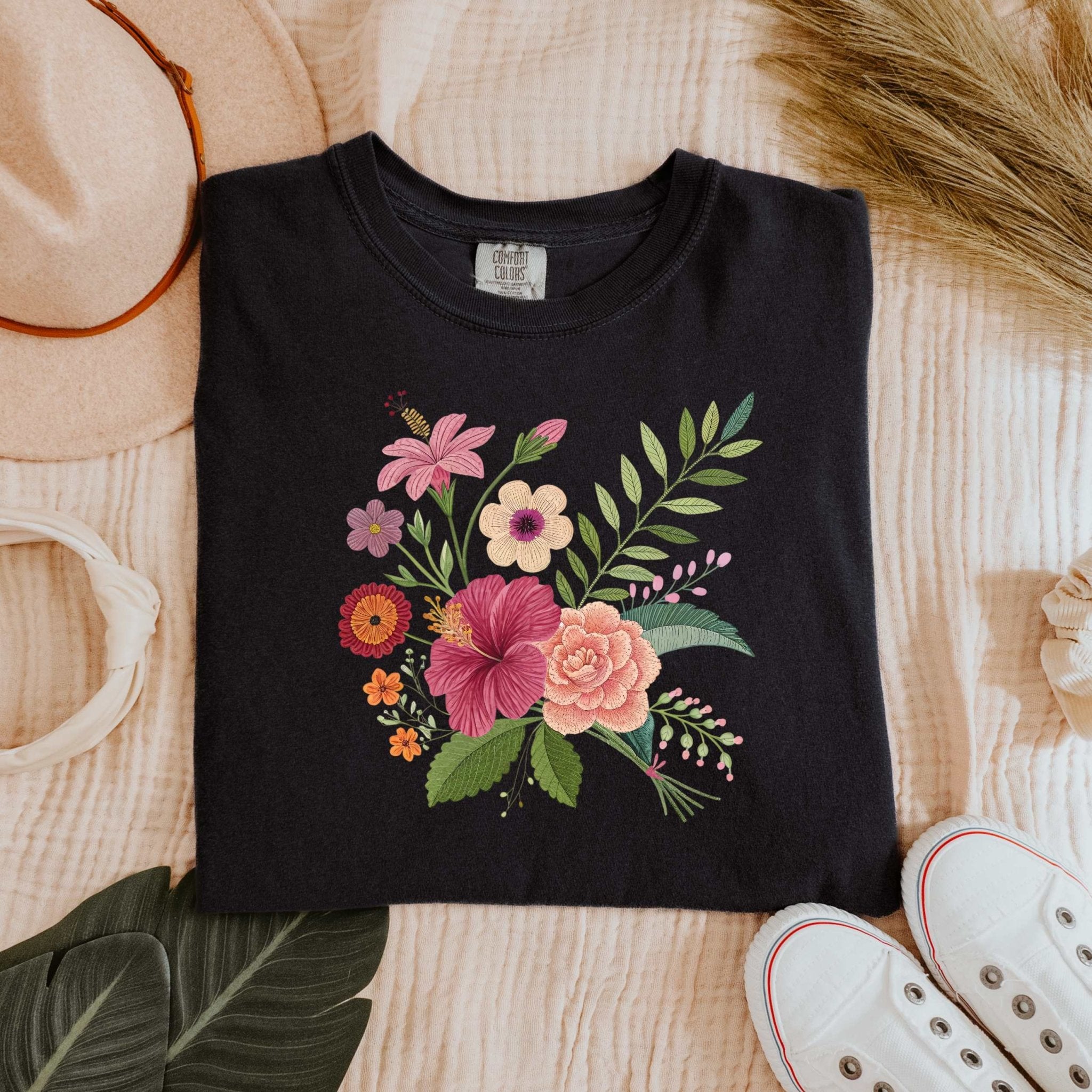 Cottagecore Floral Bouquet T-Shirt, Embroidery Style Flower Design - Craig Michael Design