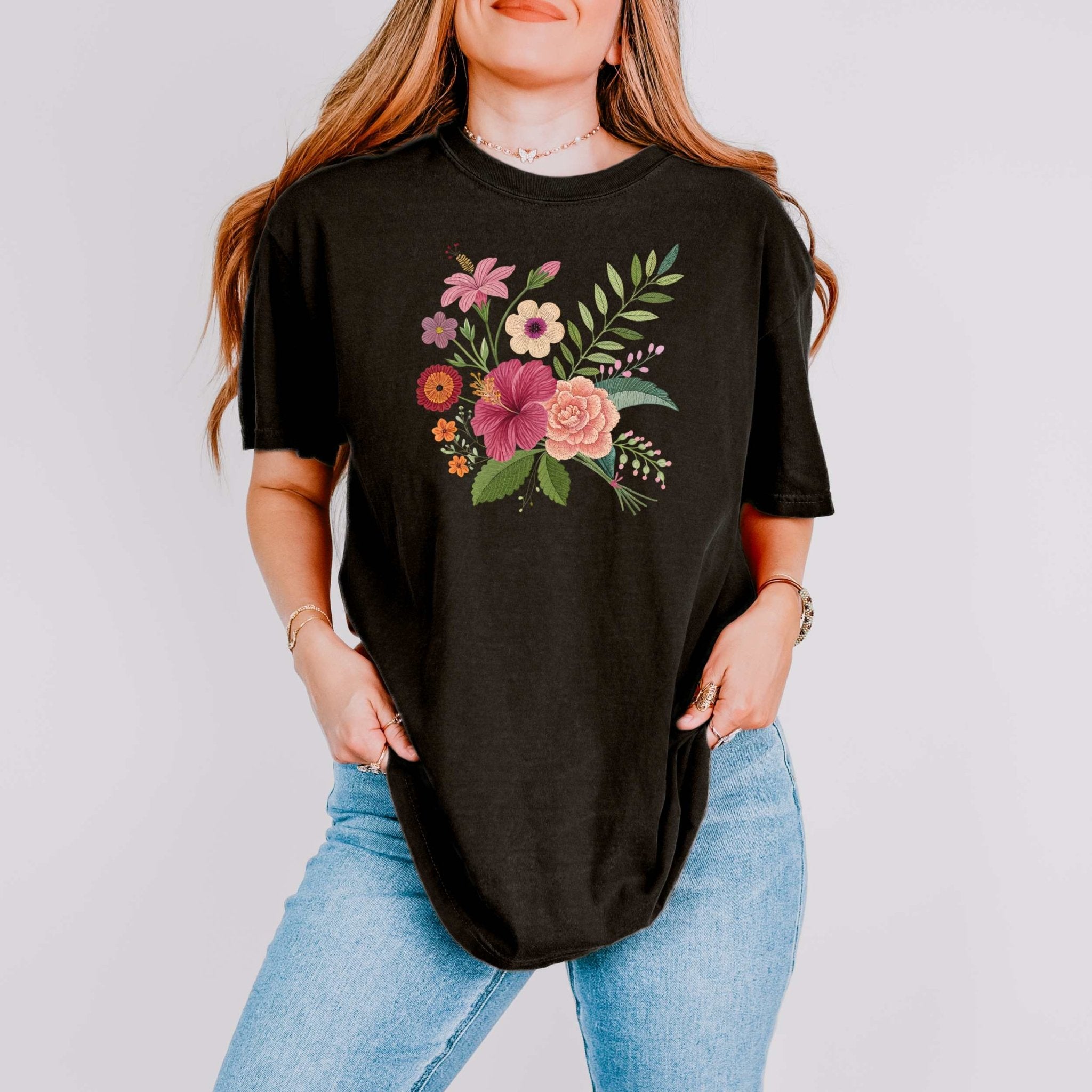 Cottagecore Floral Bouquet T-Shirt, Embroidery Style Flower Design - Craig Michael Design