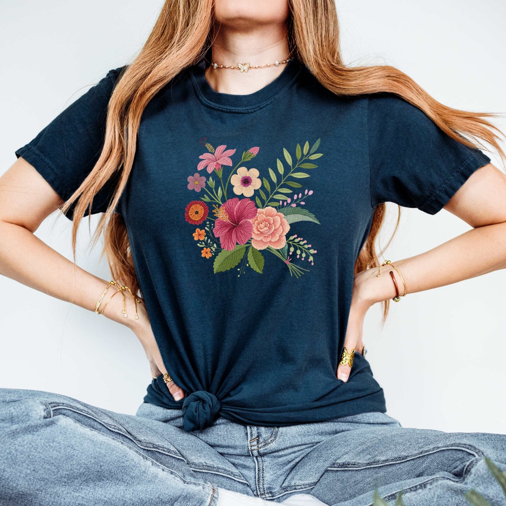 Cottagecore Floral Bouquet T-Shirt, Embroidery Style Flower Design - Craig Michael Design