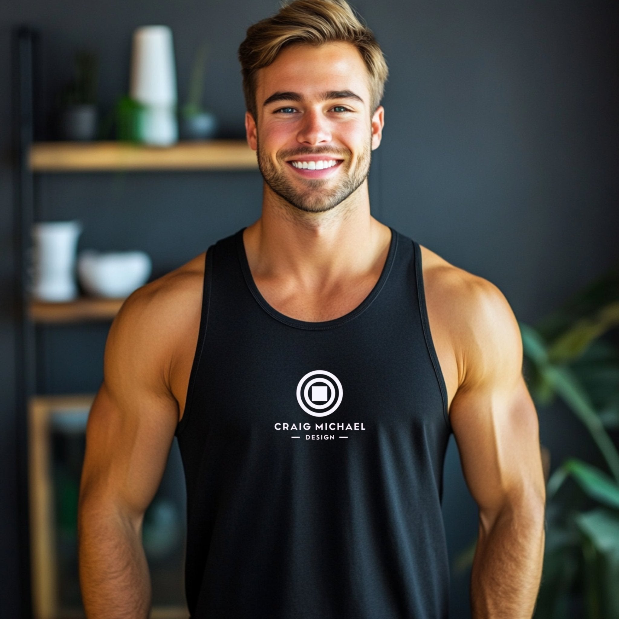 Craig Michael Design Logo Tank Top, Stylish Black Tank Top, Unique Designer Tank Top, Modern Graphic Tank Top, Comfortable Tank - Craig Michael Design