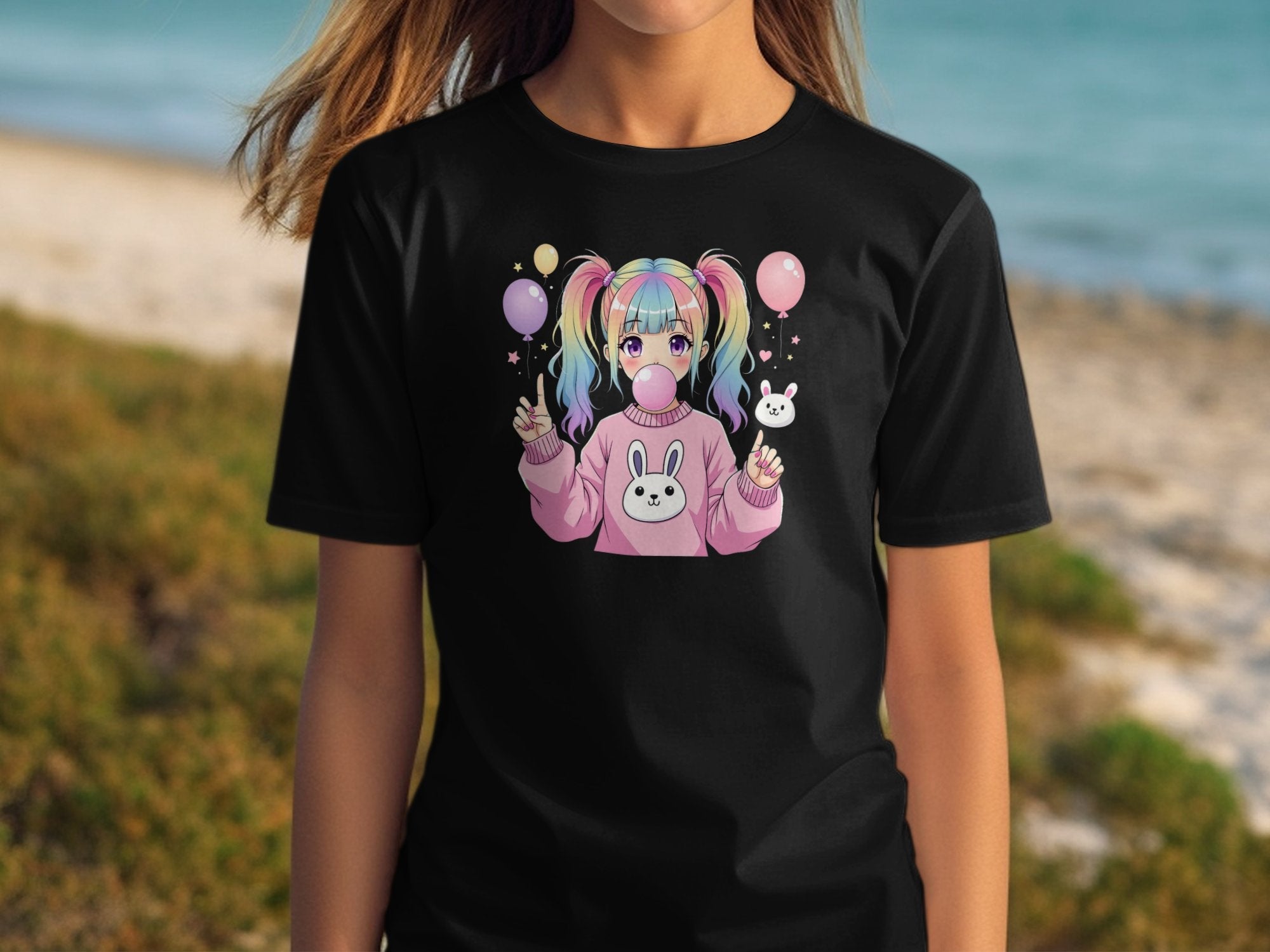 Cute Anime Girl T-Shirt, Pastel Rainbow Hair, Kawaii Balloon Bunny Graphic Tee, Bubblegum Art, Pink Sweatshirt Design, Fun and Playful - Craig Michael Design