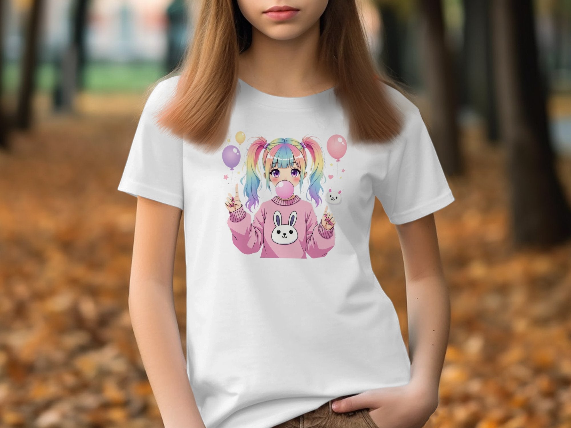 Cute Anime Girl T-Shirt, Pastel Rainbow Hair, Kawaii Balloon Bunny Graphic Tee, Bubblegum Art, Pink Sweatshirt Design, Fun and Playful - Craig Michael Design