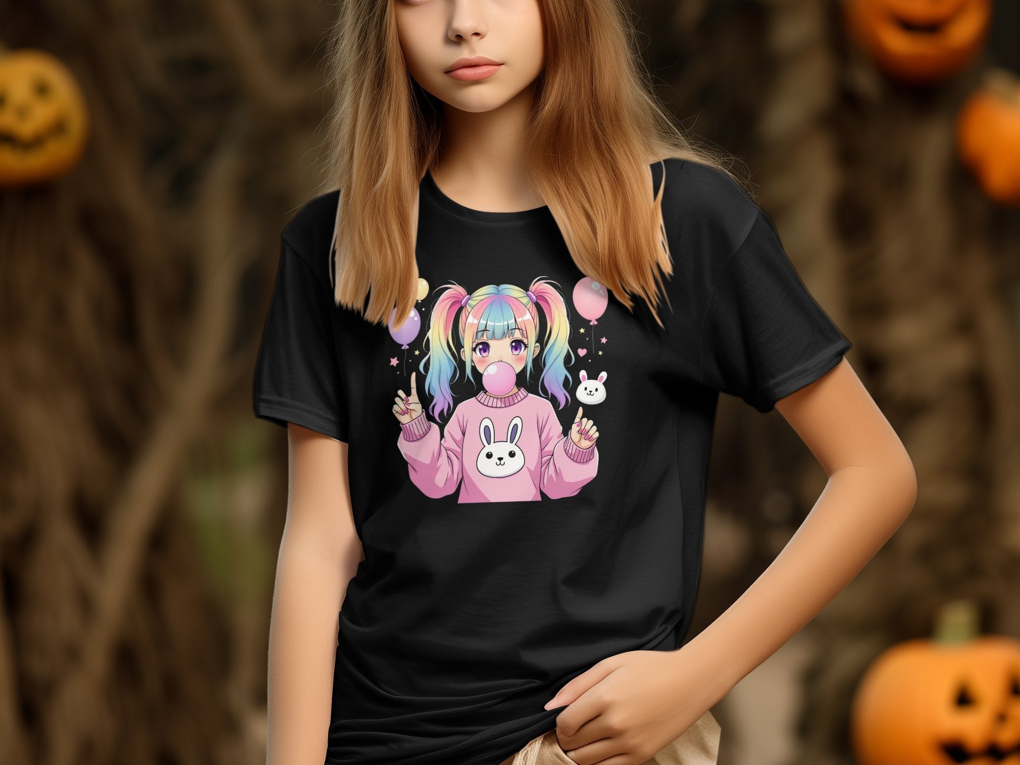 Cute Anime Girl T-Shirt, Pastel Rainbow Hair, Kawaii Balloon Bunny Graphic Tee, Bubblegum Art, Pink Sweatshirt Design, Fun and Playful - Craig Michael Design