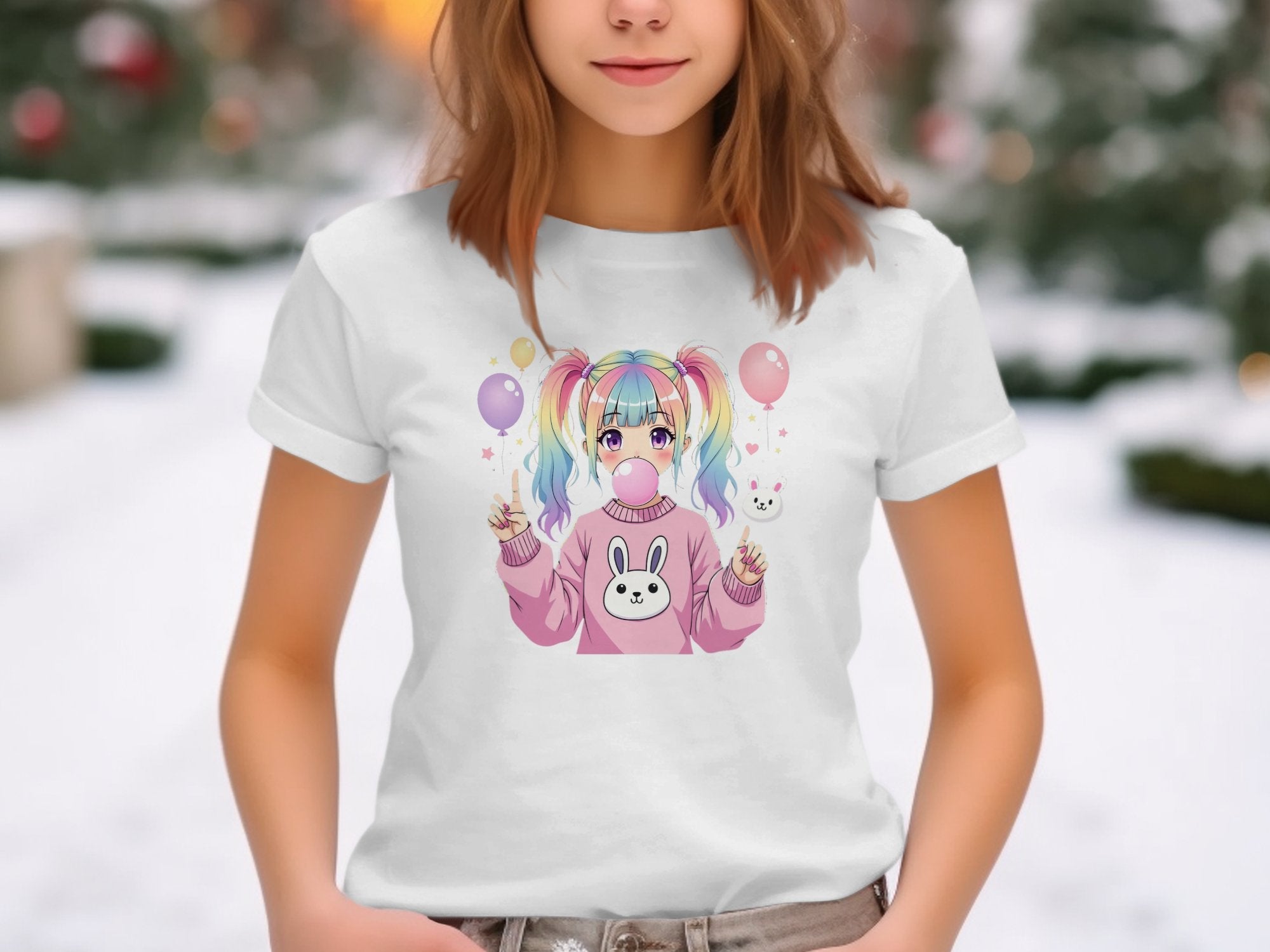 Cute Anime Girl T-Shirt, Pastel Rainbow Hair, Kawaii Balloon Bunny Graphic Tee, Bubblegum Art, Pink Sweatshirt Design, Fun and Playful - Craig Michael Design