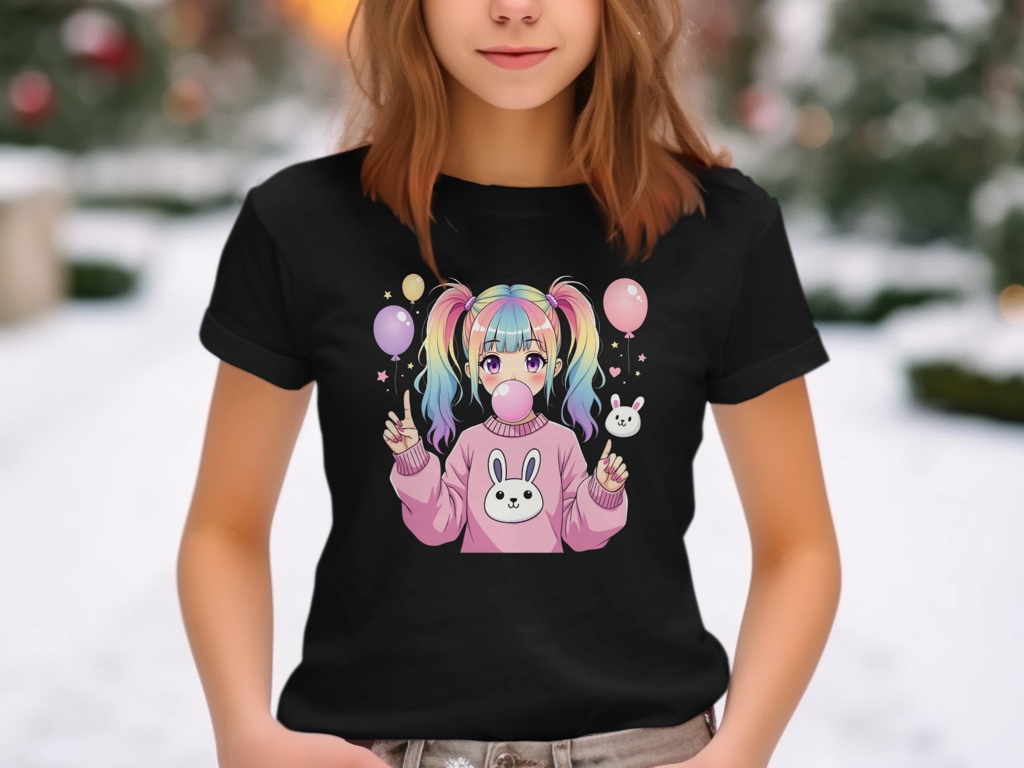 Cute Anime Girl T-Shirt, Pastel Rainbow Hair, Kawaii Balloon Bunny Graphic Tee, Bubblegum Art, Pink Sweatshirt Design, Fun and Playful - Craig Michael Design