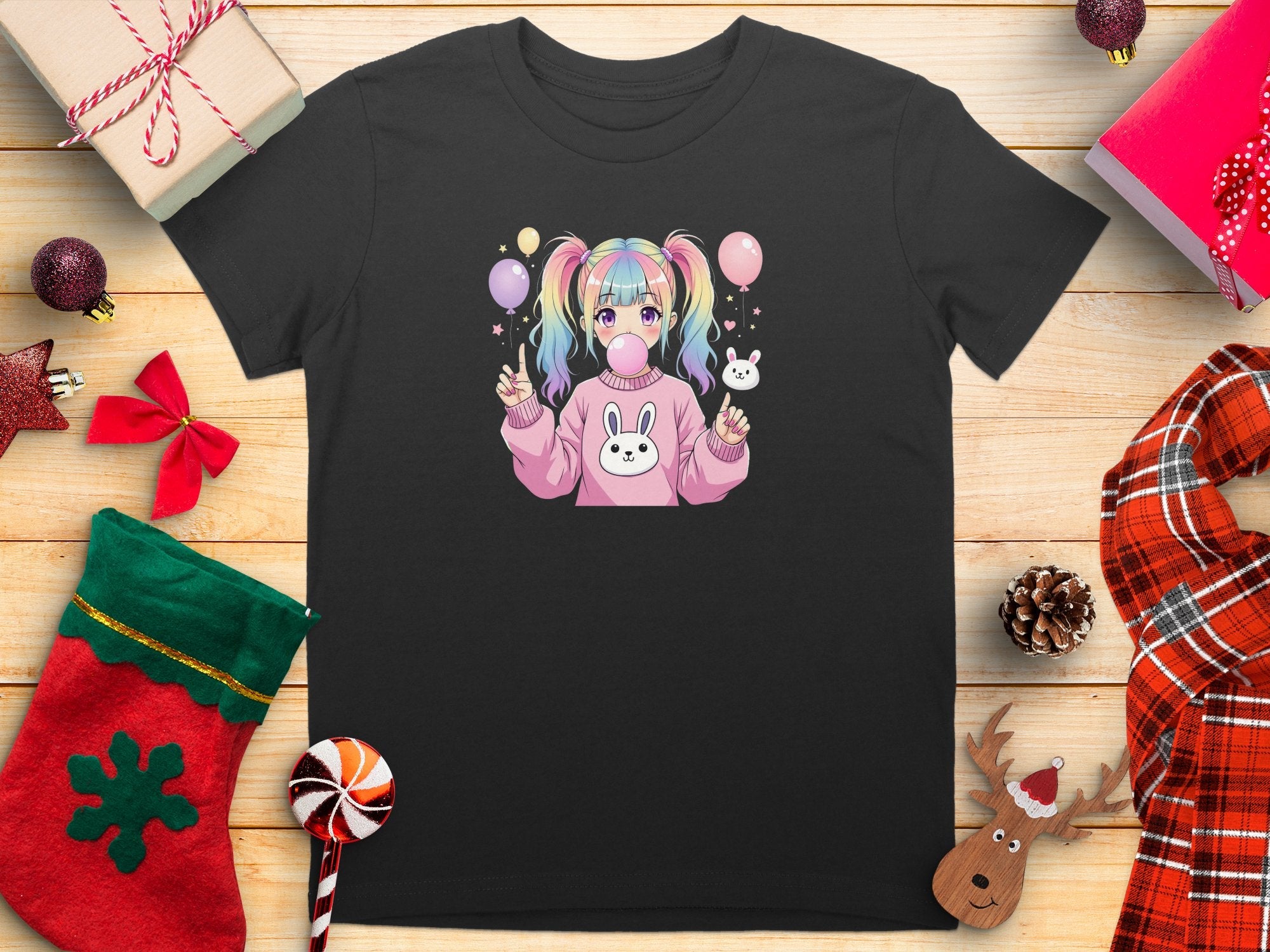 Cute Anime Girl T-Shirt, Pastel Rainbow Hair, Kawaii Balloon Bunny Graphic Tee, Bubblegum Art, Pink Sweatshirt Design, Fun and Playful - Craig Michael Design