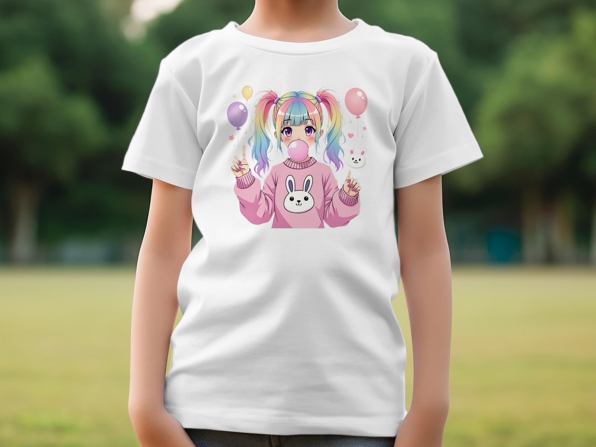 Cute Anime Girl T-Shirt, Pastel Rainbow Hair, Kawaii Balloon Bunny Graphic Tee, Bubblegum Art, Pink Sweatshirt Design, Fun and Playful - Craig Michael Design