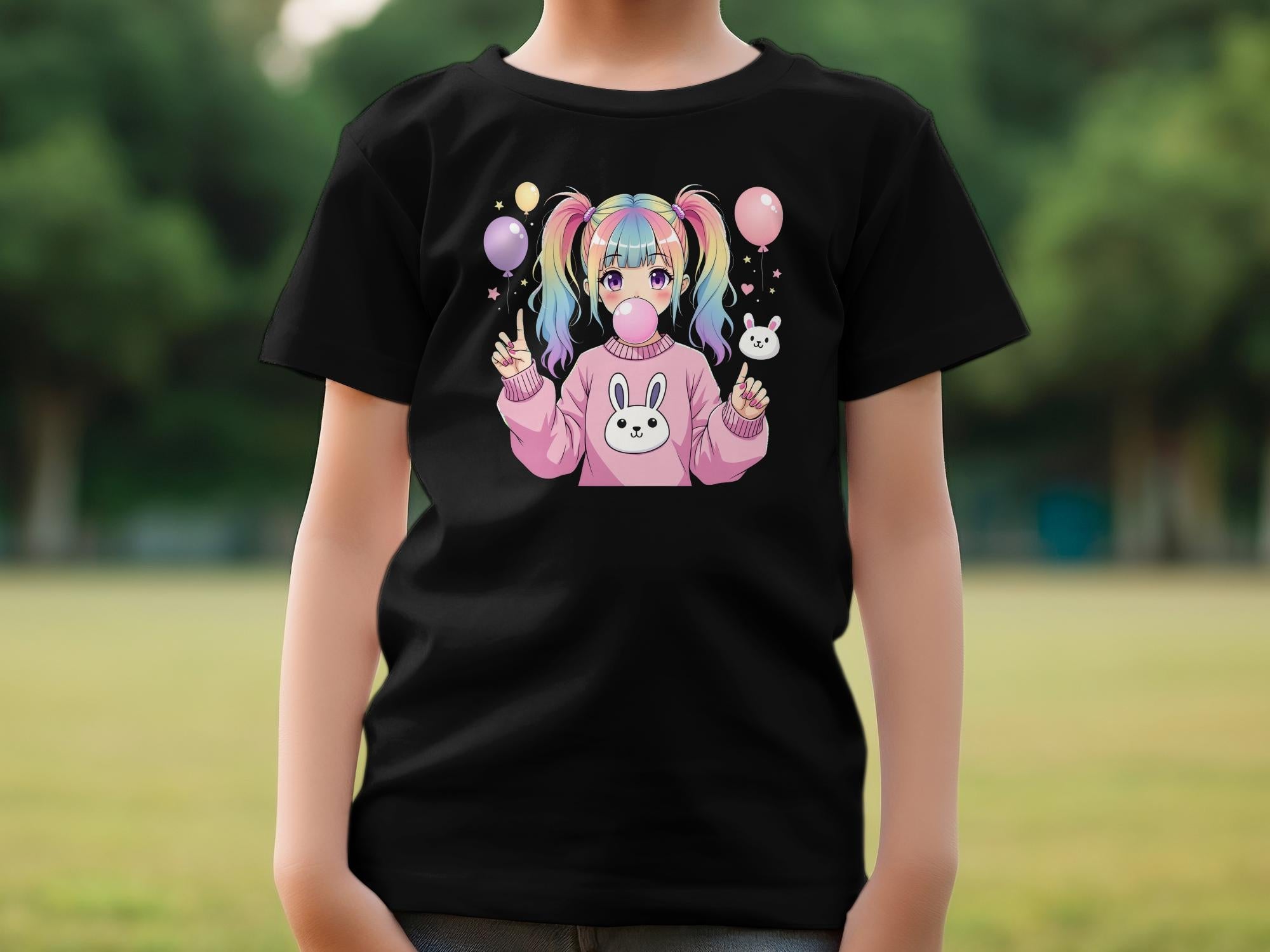 Cute Anime Girl T-Shirt, Pastel Rainbow Hair, Kawaii Balloon Bunny Graphic Tee, Bubblegum Art, Pink Sweatshirt Design, Fun and Playful - Craig Michael Design