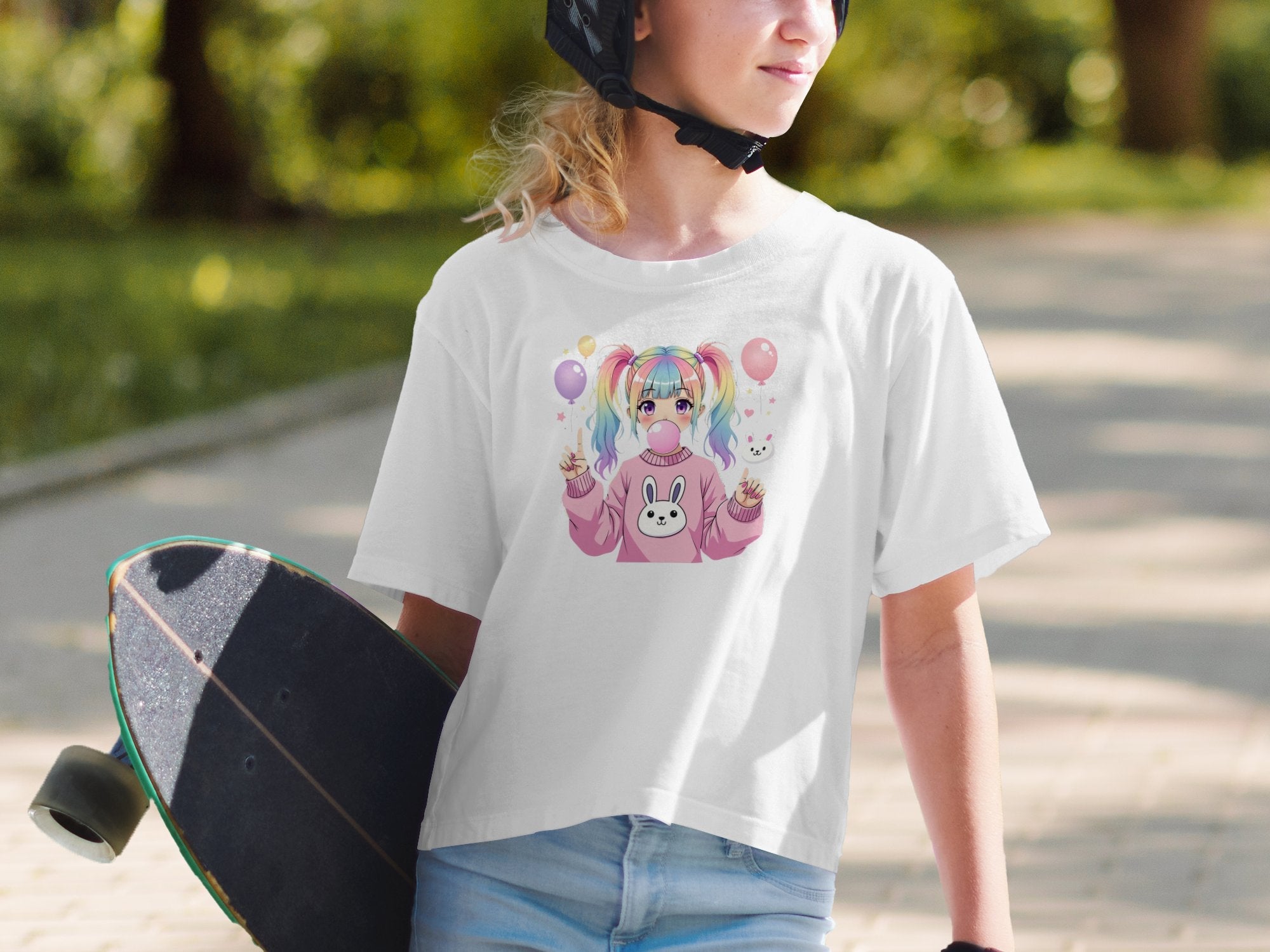 Cute Anime Girl T-Shirt, Pastel Rainbow Hair, Kawaii Balloon Bunny Graphic Tee, Bubblegum Art, Pink Sweatshirt Design, Fun and Playful - Craig Michael Design