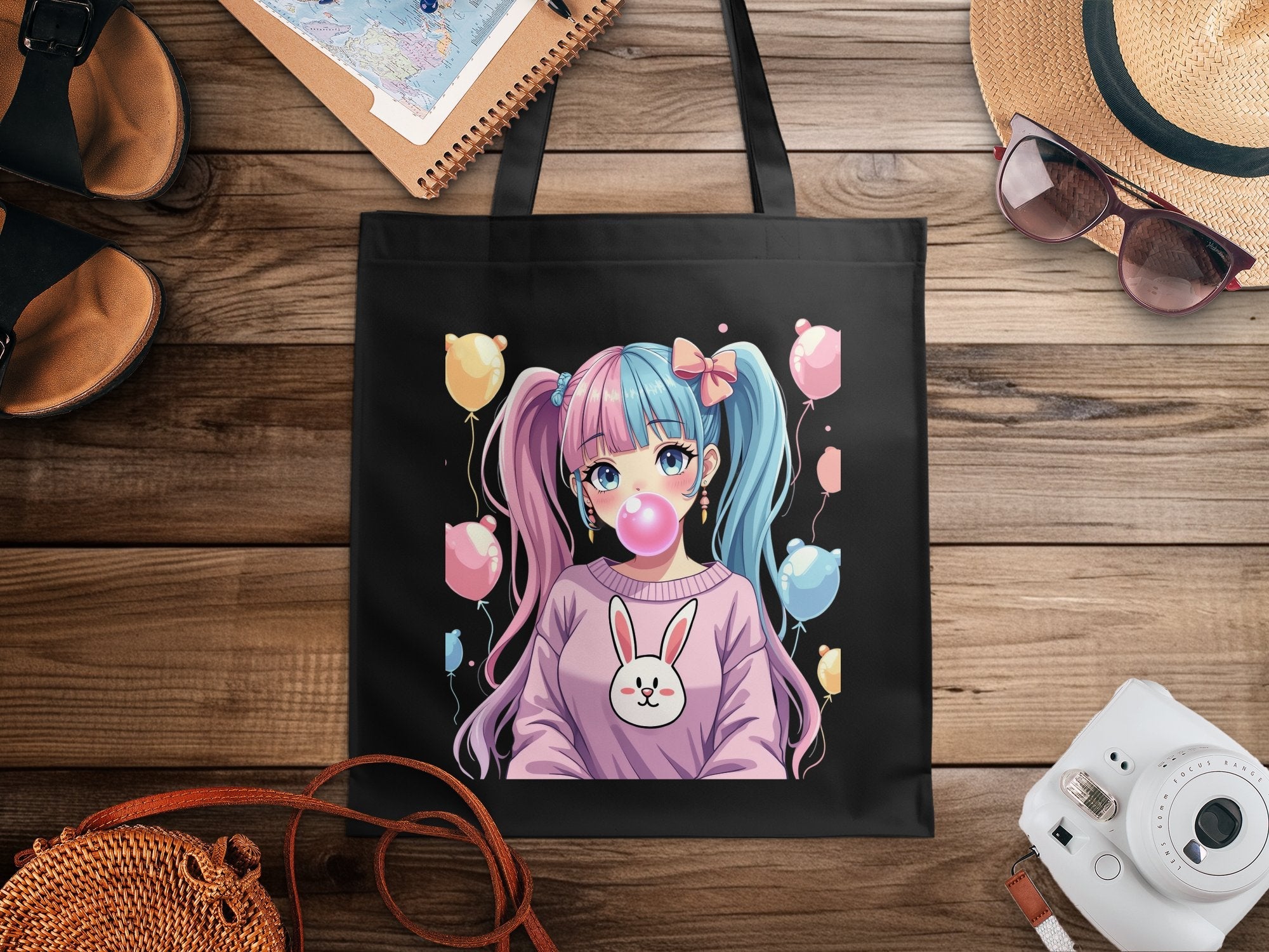 Cute Anime Girl Tote Bag, Kawaii Fashion Accessory, Colorful Balloon Print, Adorable Bunny Design, Bubblegum Pop Art Bag - Craig Michael Design