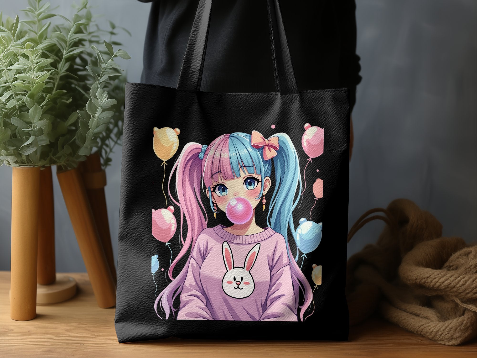 Cute Anime Girl Tote Bag, Kawaii Fashion Accessory, Colorful Balloon Print, Adorable Bunny Design, Bubblegum Pop Art Bag - Craig Michael Design