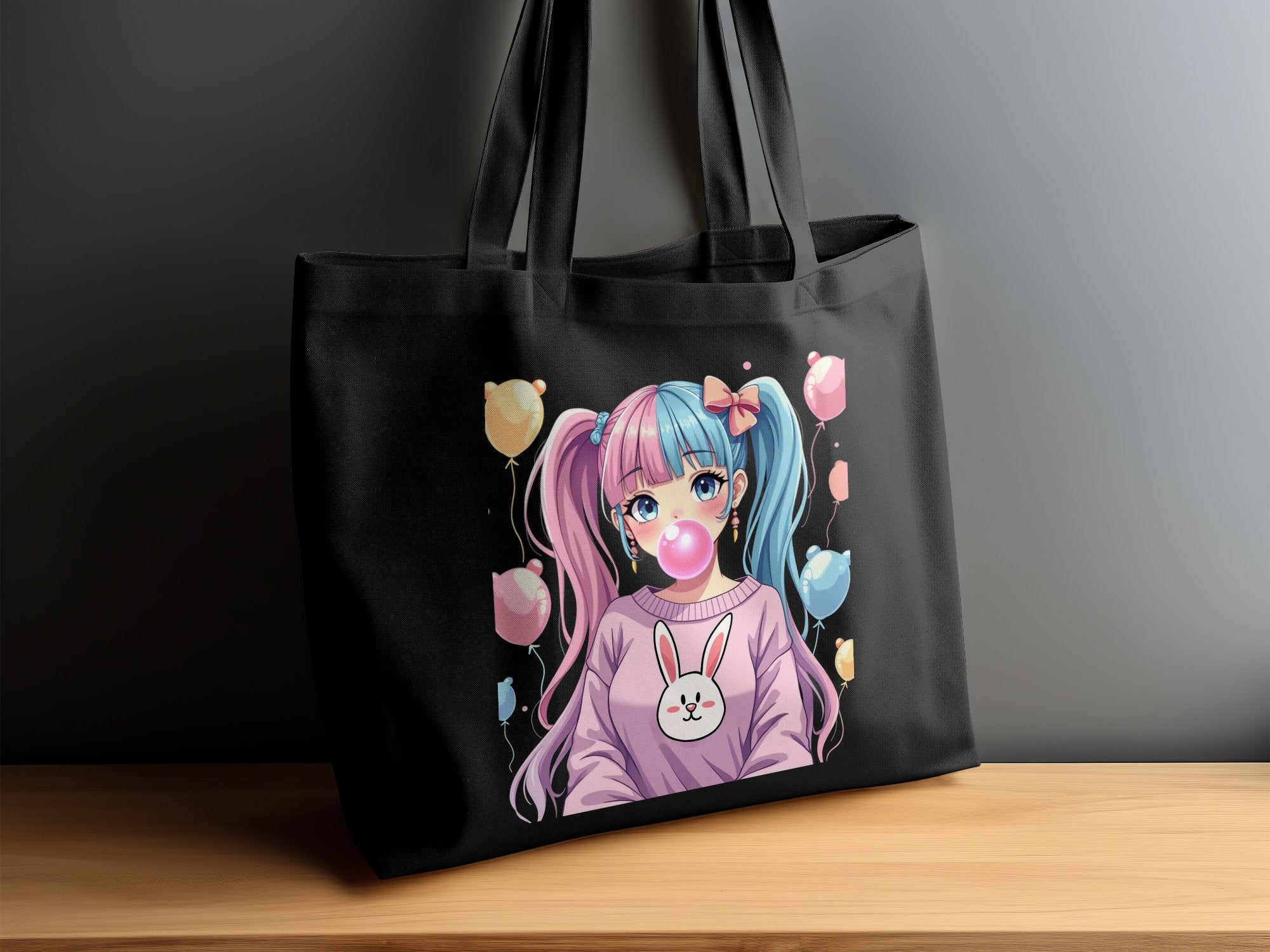 Cute Anime Girl Tote Bag, Kawaii Fashion Accessory, Colorful Balloon Print, Adorable Bunny Design, Bubblegum Pop Art Bag - Craig Michael Design