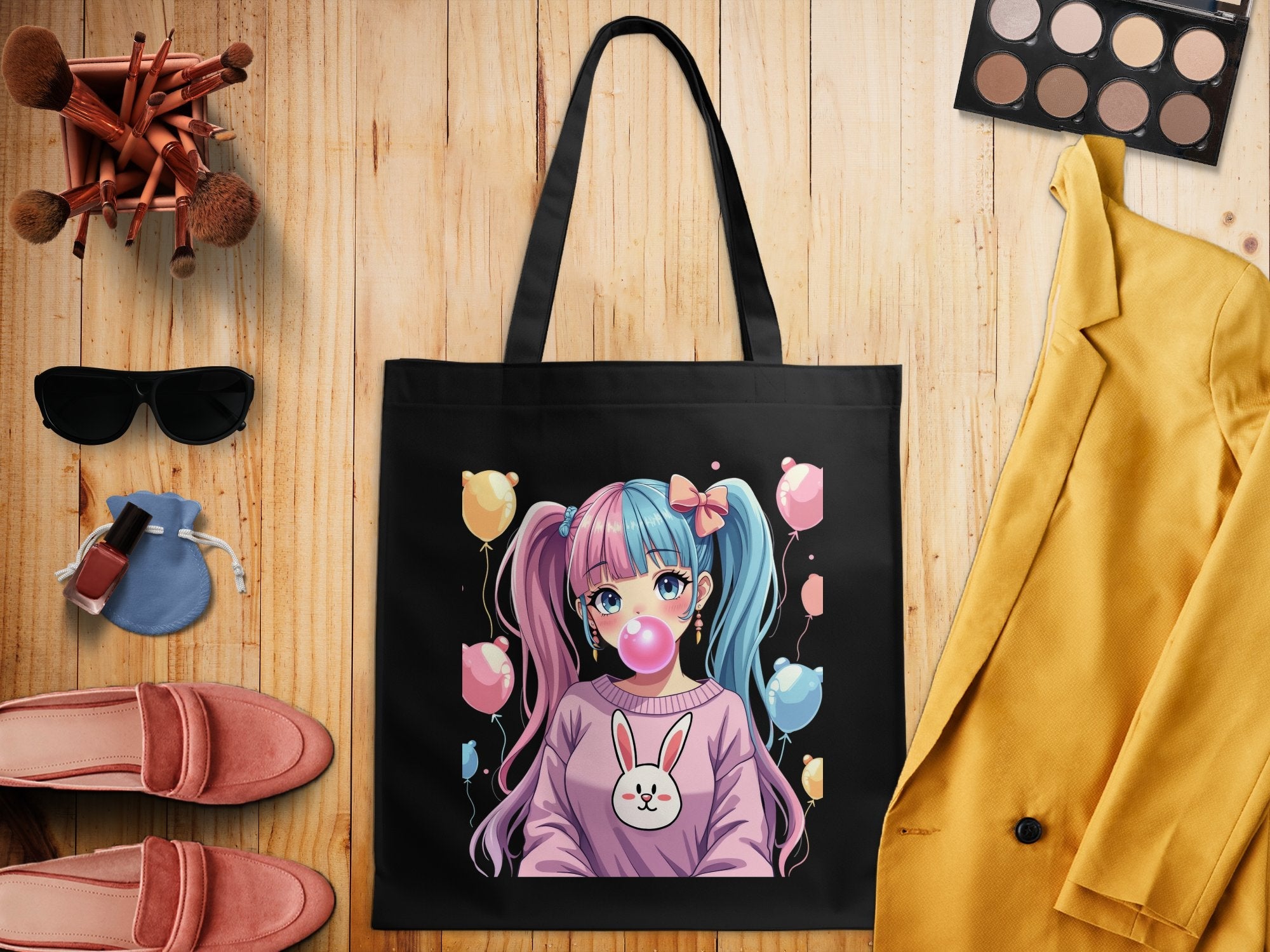 Cute Anime Girl Tote Bag, Kawaii Fashion Accessory, Colorful Balloon Print, Adorable Bunny Design, Bubblegum Pop Art Bag - Craig Michael Design