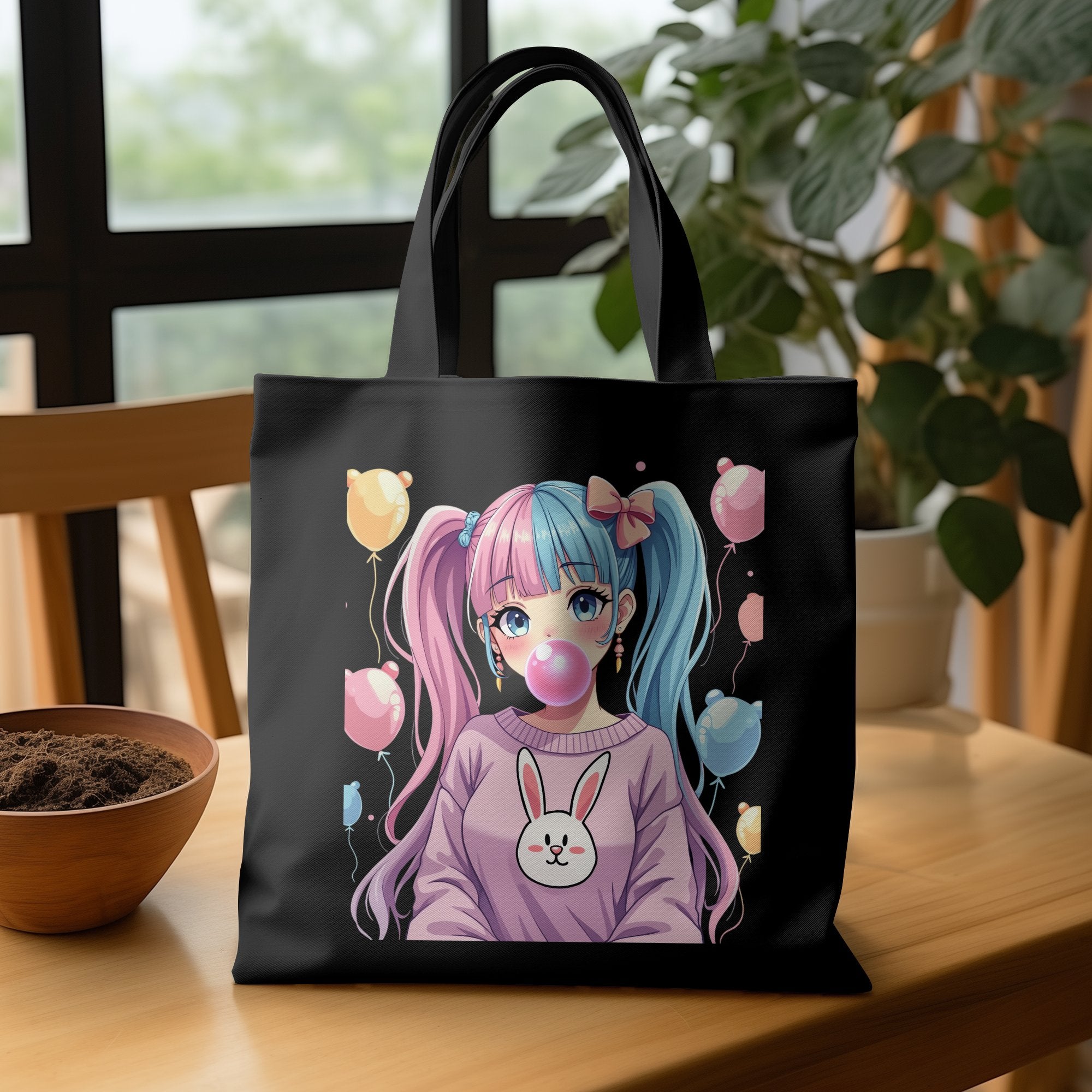 Cute Anime Girl Tote Bag, Kawaii Fashion Accessory, Colorful Balloon Print, Adorable Bunny Design, Bubblegum Pop Art Bag - Craig Michael Design