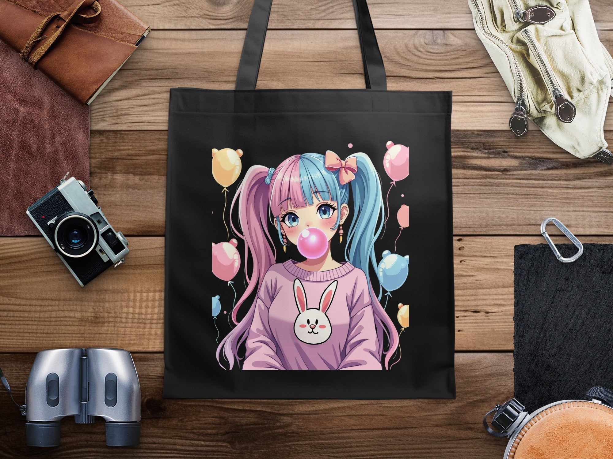 Cute Anime Girl Tote Bag, Kawaii Fashion Accessory, Colorful Balloon Print, Adorable Bunny Design, Bubblegum Pop Art Bag - Craig Michael Design