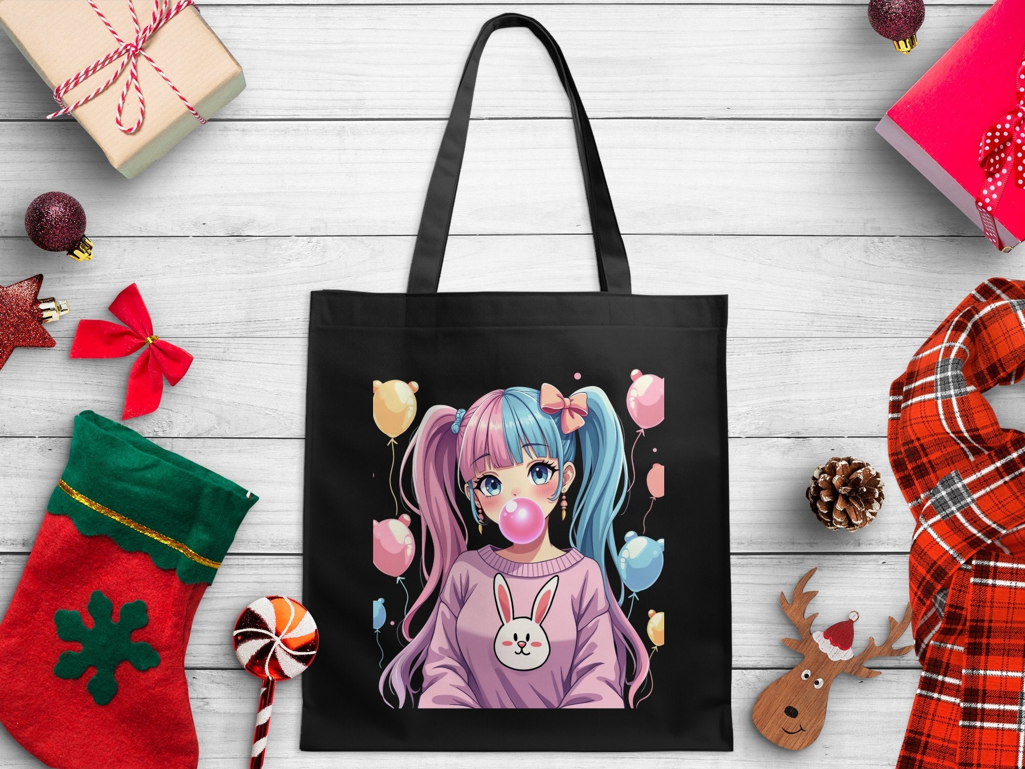Cute Anime Girl Tote Bag, Kawaii Fashion Accessory, Colorful Balloon Print, Adorable Bunny Design, Bubblegum Pop Art Bag - Craig Michael Design
