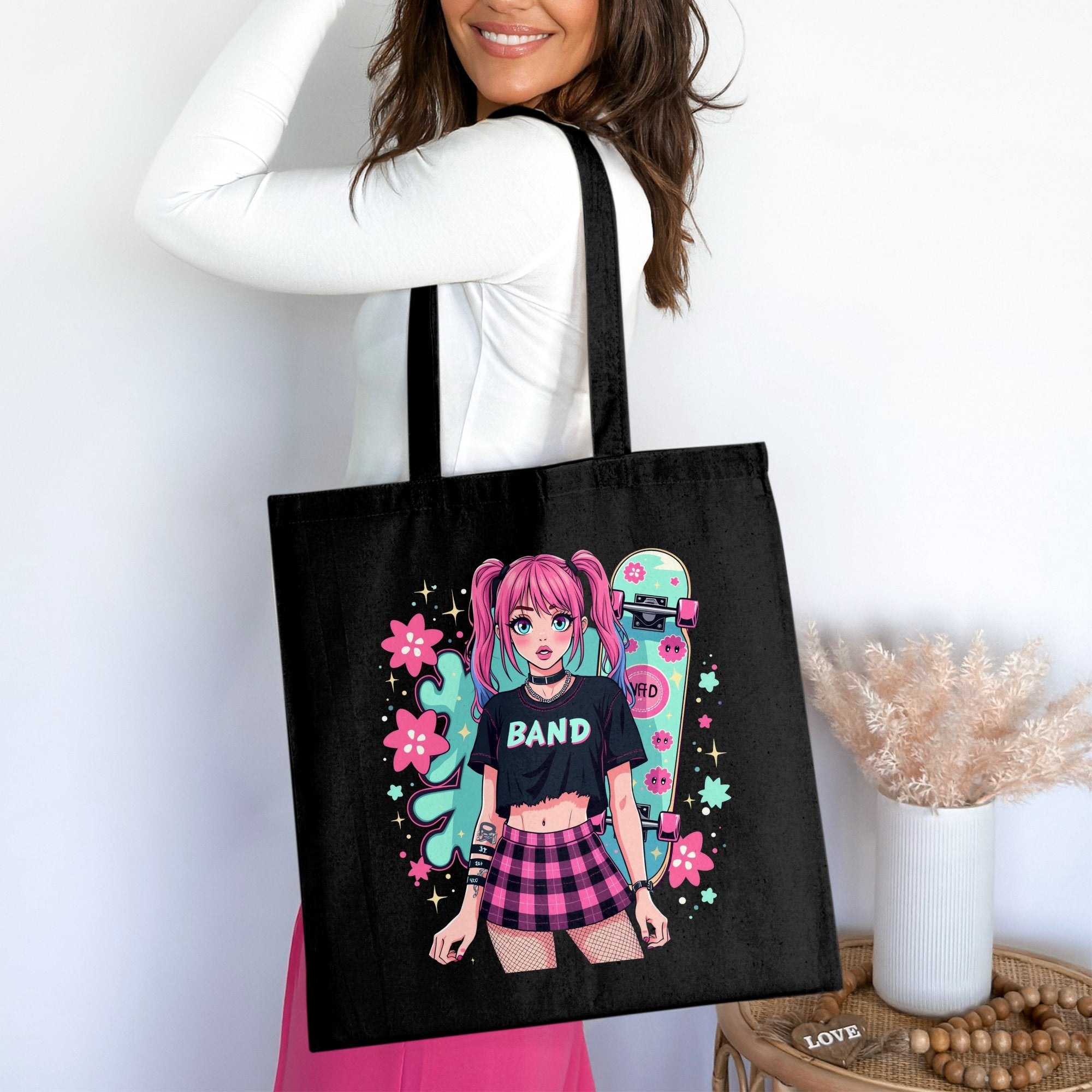 Cute Anime Girl Tote Bag, Pink Hair Cartoon Character, Trendy Graphic Design, Durable Shopping Bag, Ideal Gift for Anime Lovers - Craig Michael Design