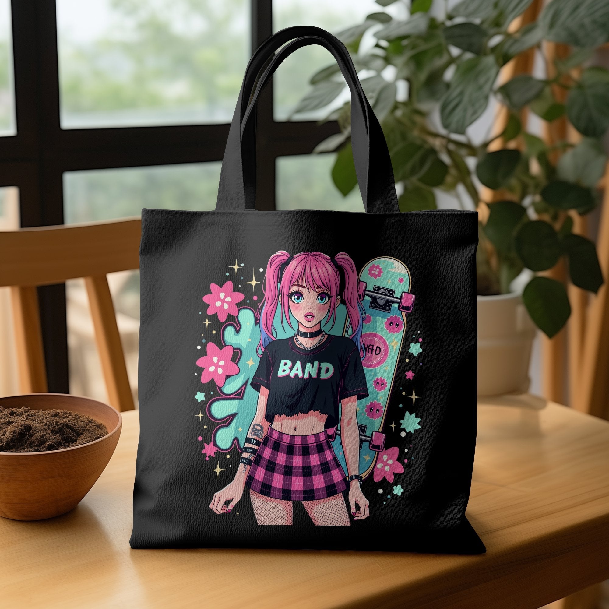 Cute Anime Girl Tote Bag, Pink Hair Cartoon Character, Trendy Graphic Design, Durable Shopping Bag, Ideal Gift for Anime Lovers - Craig Michael Design