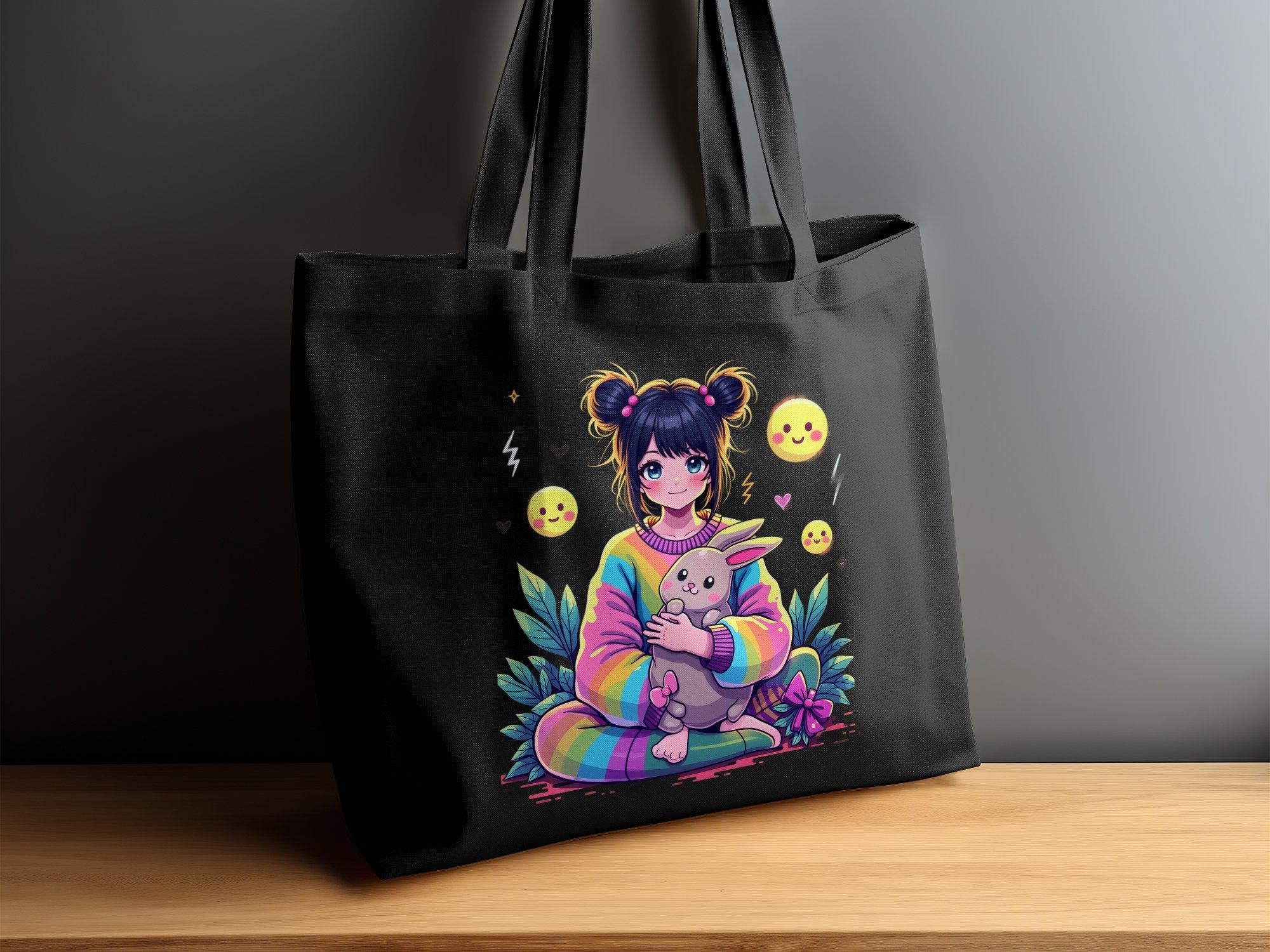 Cute Anime Girl Tote Bag with Bunny Colorful Design Rainbow Kawaii Art, Perfect for Gifts, Shopping, School, Reusable Bag - Craig Michael Design