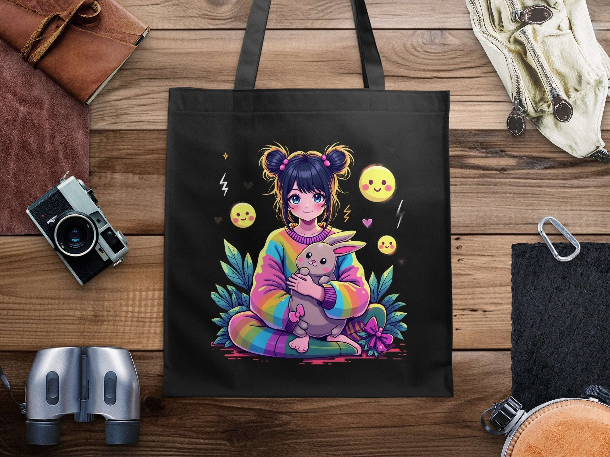 Cute Anime Girl Tote Bag with Bunny Colorful Design Rainbow Kawaii Art, Perfect for Gifts, Shopping, School, Reusable Bag - Craig Michael Design